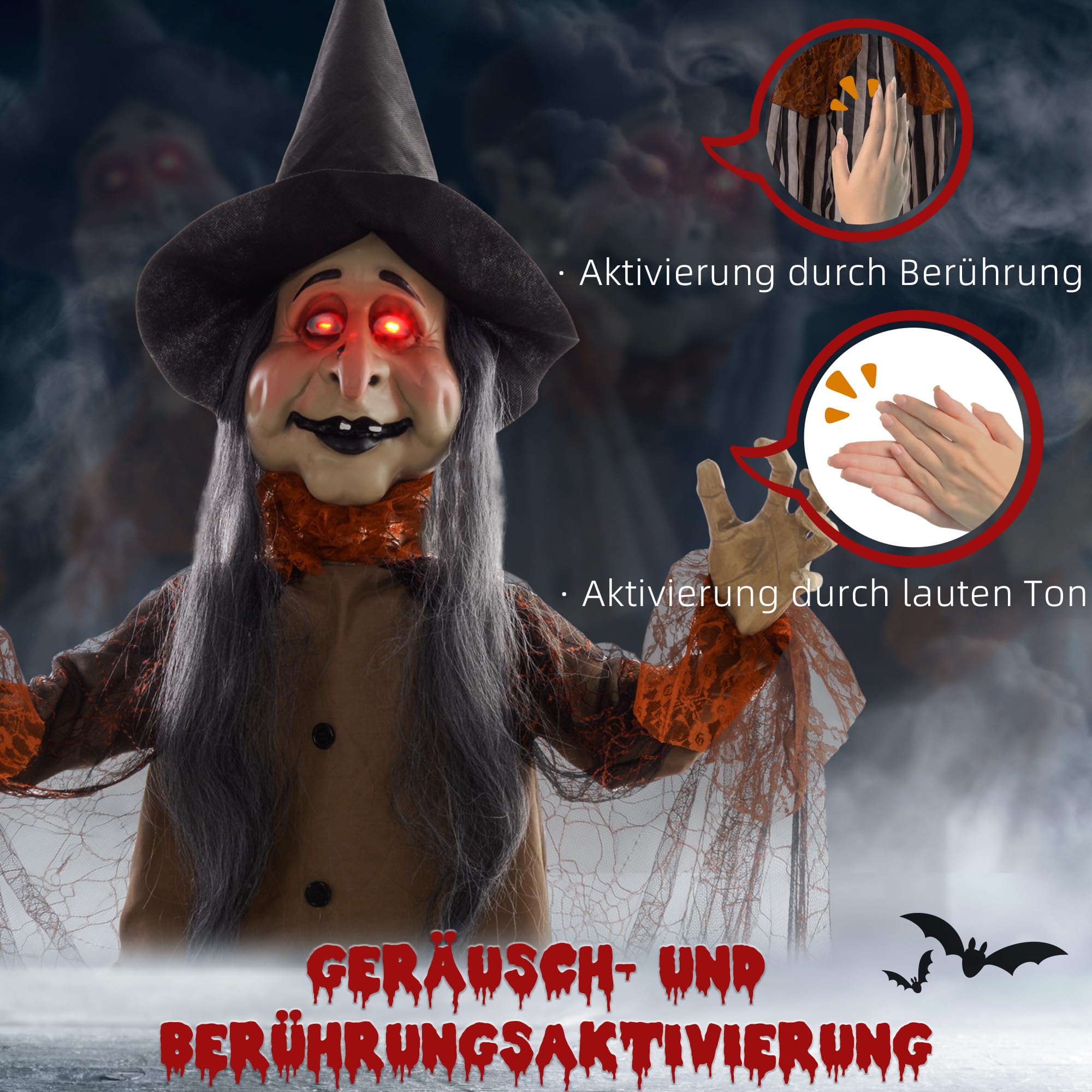 HOMCOM 183cm Halloween Dekoration Halloween-Hexe mit LED-Lichter