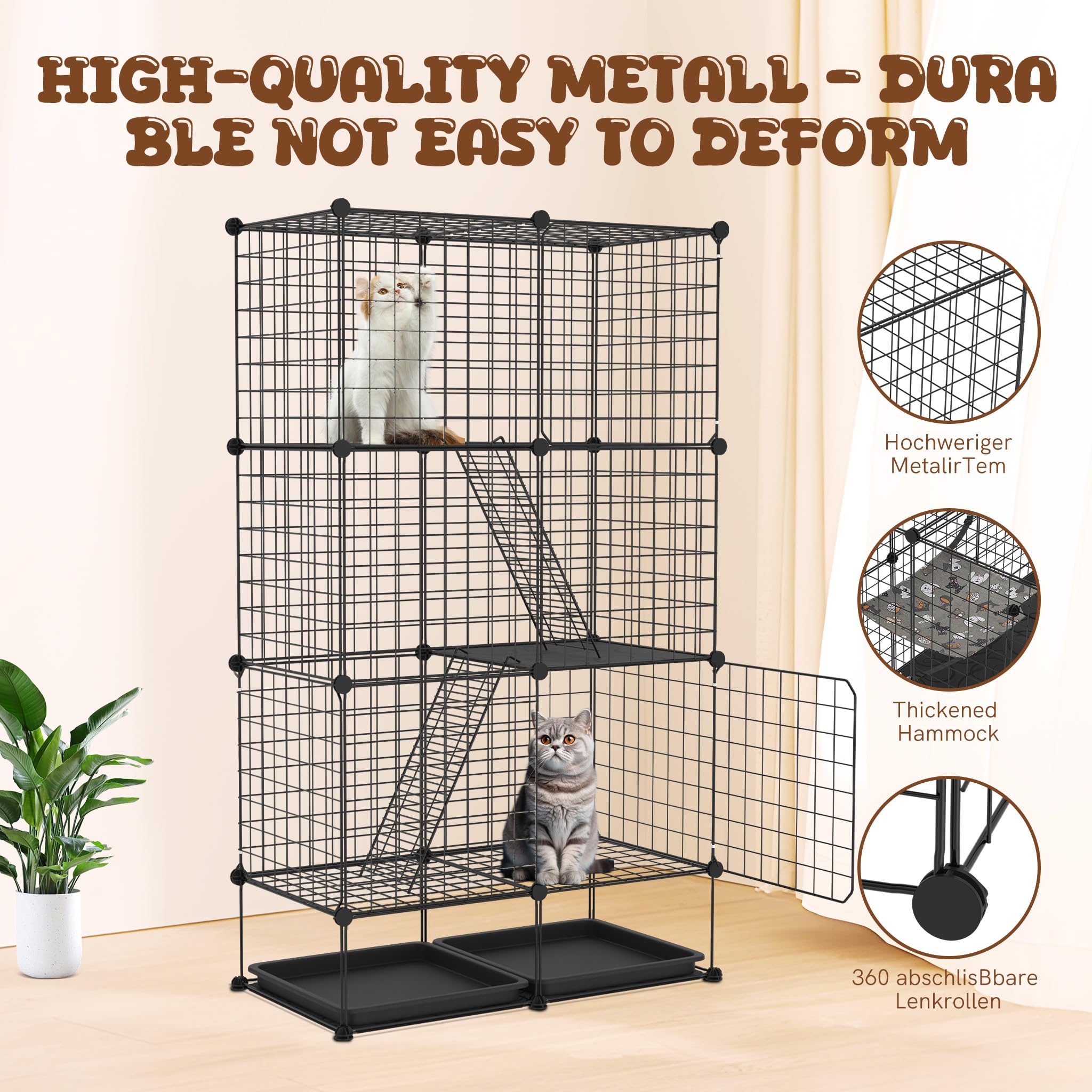 FIVMEN Parque para gatos de 3 pisos extraíble, 74 x 37 x 126 cm con 2 escaleras y jaula grande