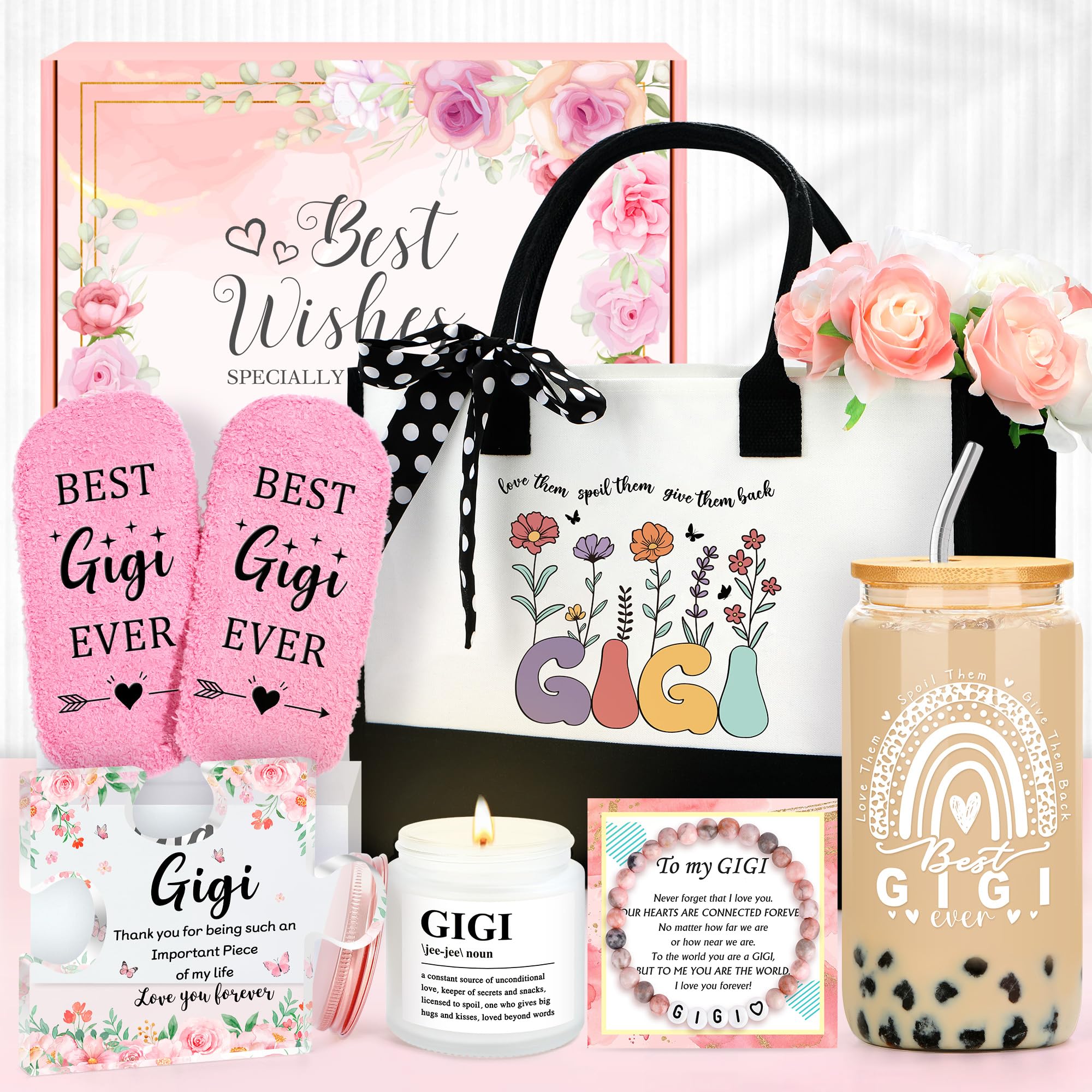 Saineron Gigi Gifts for Grandma Gifts for Grandma Birthday Gift for Grandmother Gift from Grandkids Gigi Bracelet Tote Bag Cup Candle Socks Acrylic Puzzle for Mothers Day Christmas Easter