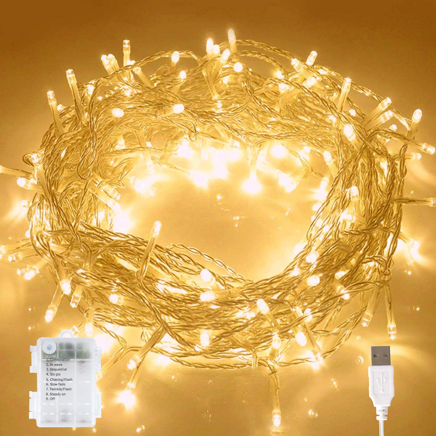 Aluan Christmas Lights Fairy String Lights 100 LED 36ft USB or Battery Operated 8 Modes Waterproof LED String Lights for Home Patio Party Wedding Christmas Indoor Outdoor Decoration, Warm White