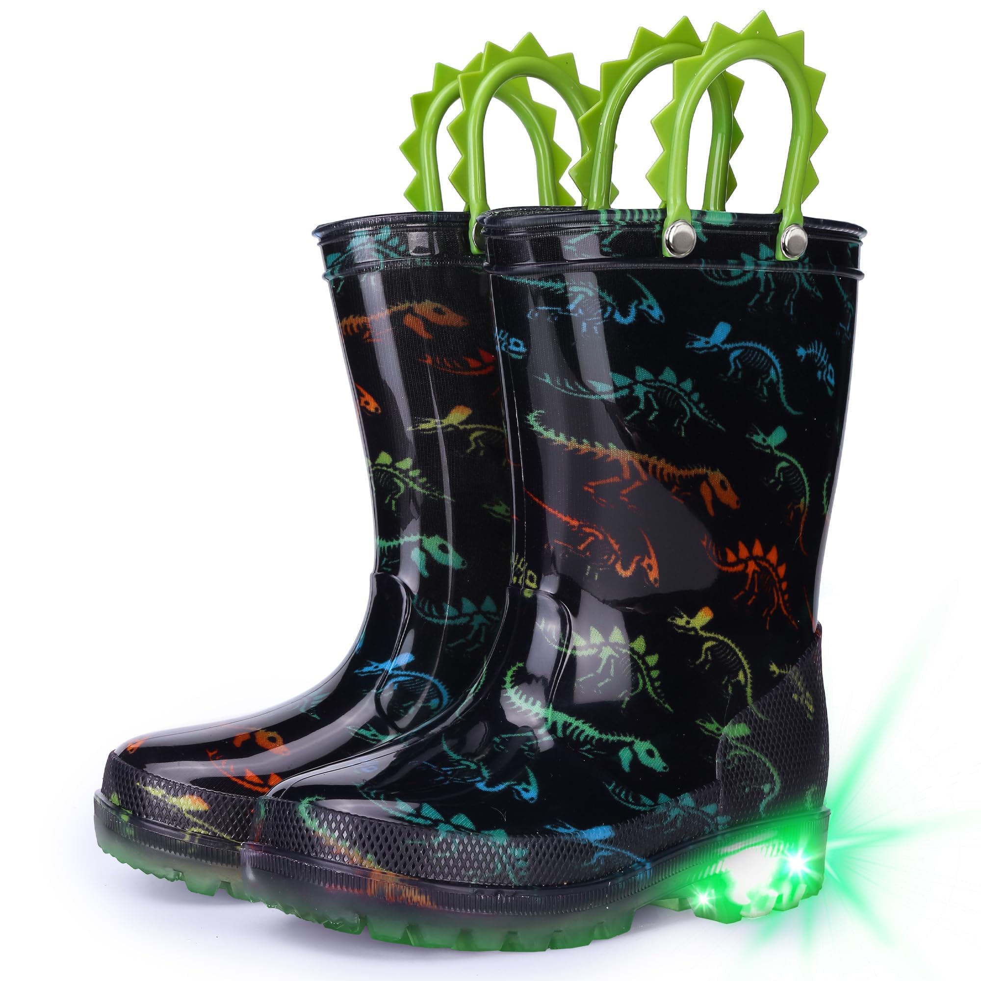 Funspread Toddlers Kids Rain Boots - Light Up Rain Boots for Boys Waterproof Outdoor Shoes with Easy-On Handles Black Toddlers Size 10