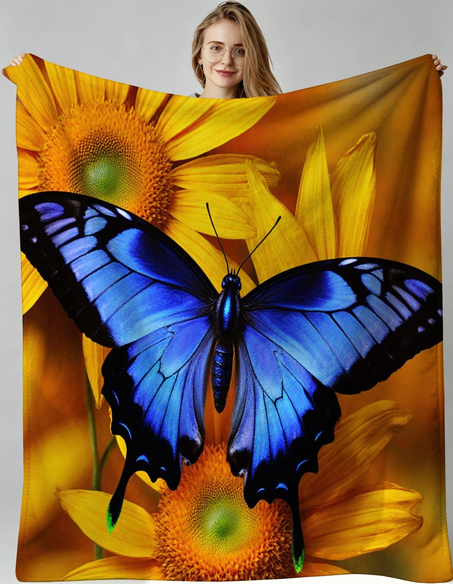 Couverture polaire tournesol jaune et papillon grand format 240x260 cm