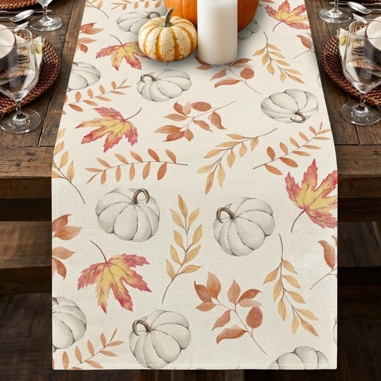 Autumn Table Runner, Orange Pumpkins Maple Leaves Decoration 33x183 cm