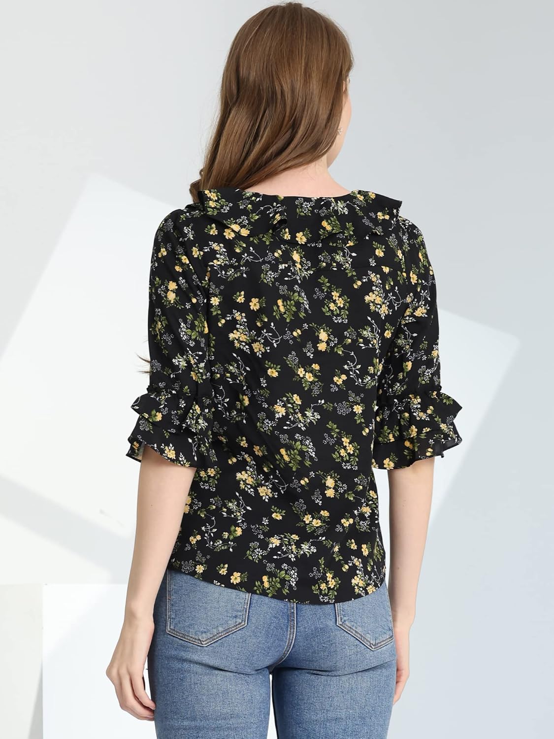 Allegra K Women's Ruffled Neck Floral Blouse Tie Neck Ruffle Sleeve Chiffon Top - Image 3