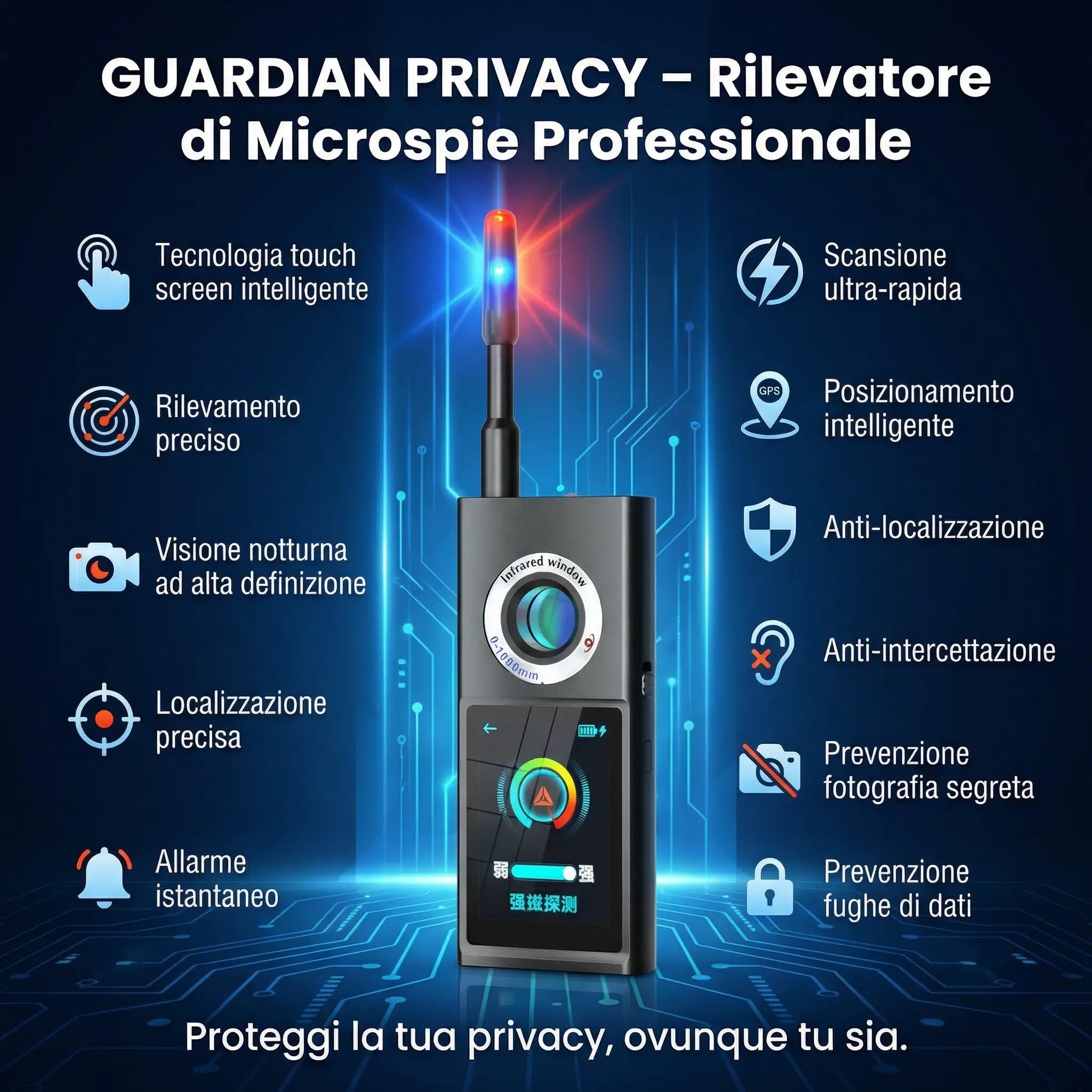 Rilevatore Scanner Professionale di Microspie e Telecamere 50MHz-8GHz - Rileva GPS, Microfoni, Microcamere Wireless - Bonifica TOTALE - Schermo Touch - Portatile Auto Ufficio Viaggi GUARDIAN 888