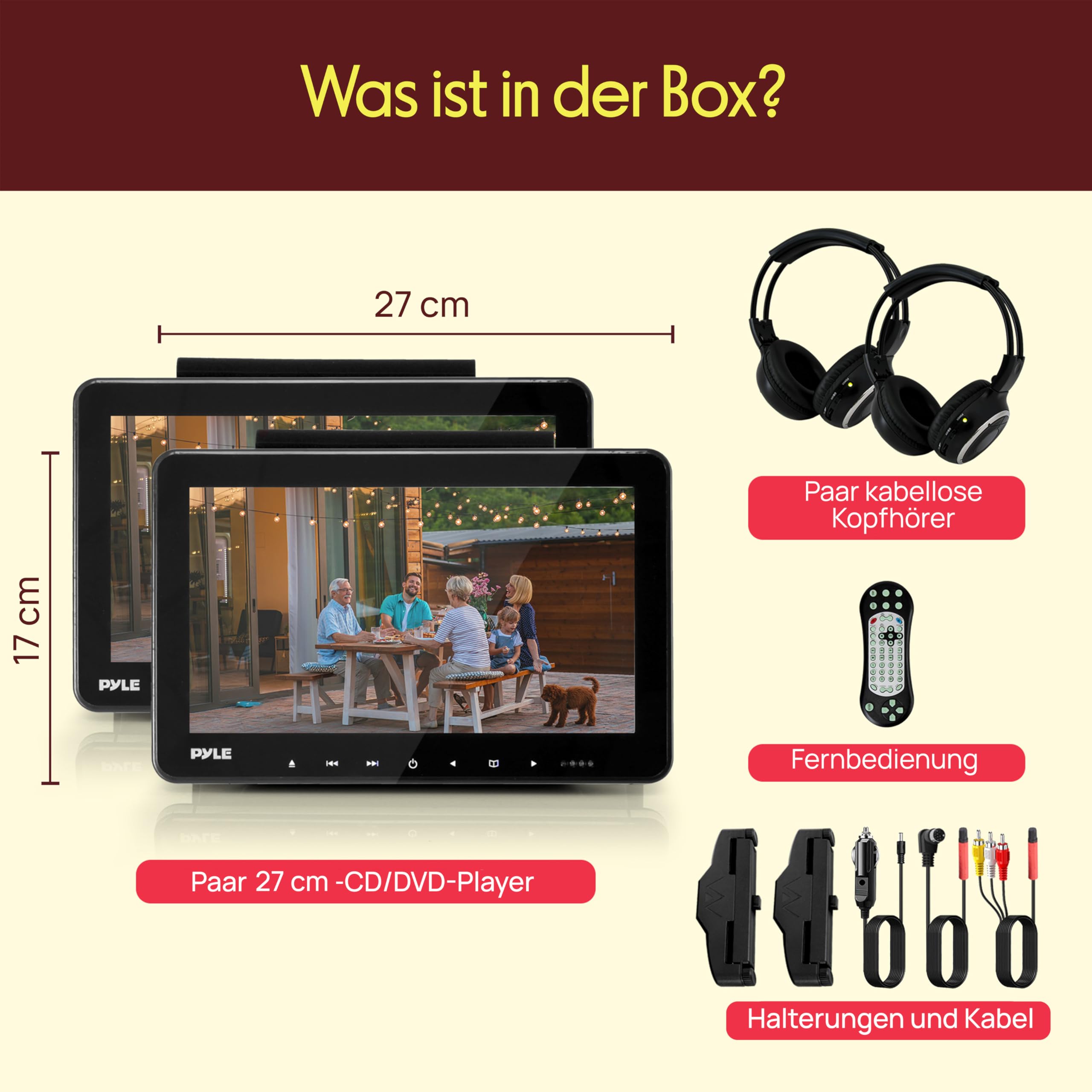 Pyle DVD Player Auto - 2 Kopfstützen Monitore 10,5" (27 cm) für Rücksitz - HDMI Auto Fernseher für Kinder mit Kopfhörer, USB SD AV In/Out