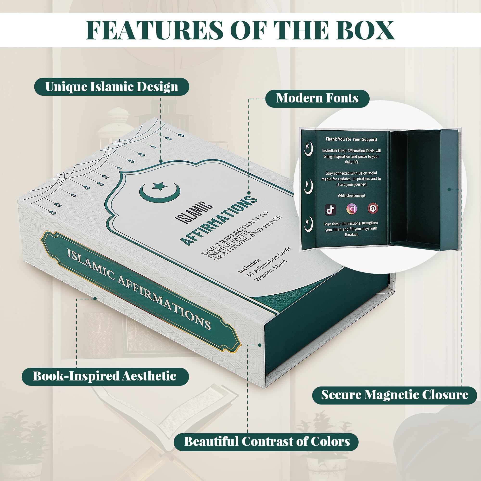 Islamic Affirmation Cards Set of 30, Magnetic Box & Stand - Ideal for Ramadan Gifts, Eid Gifts, Islamic Gifts, Eid Decorations for Home, Eid Mubarak Decorations, Positive Affirmations Cards, Muslim