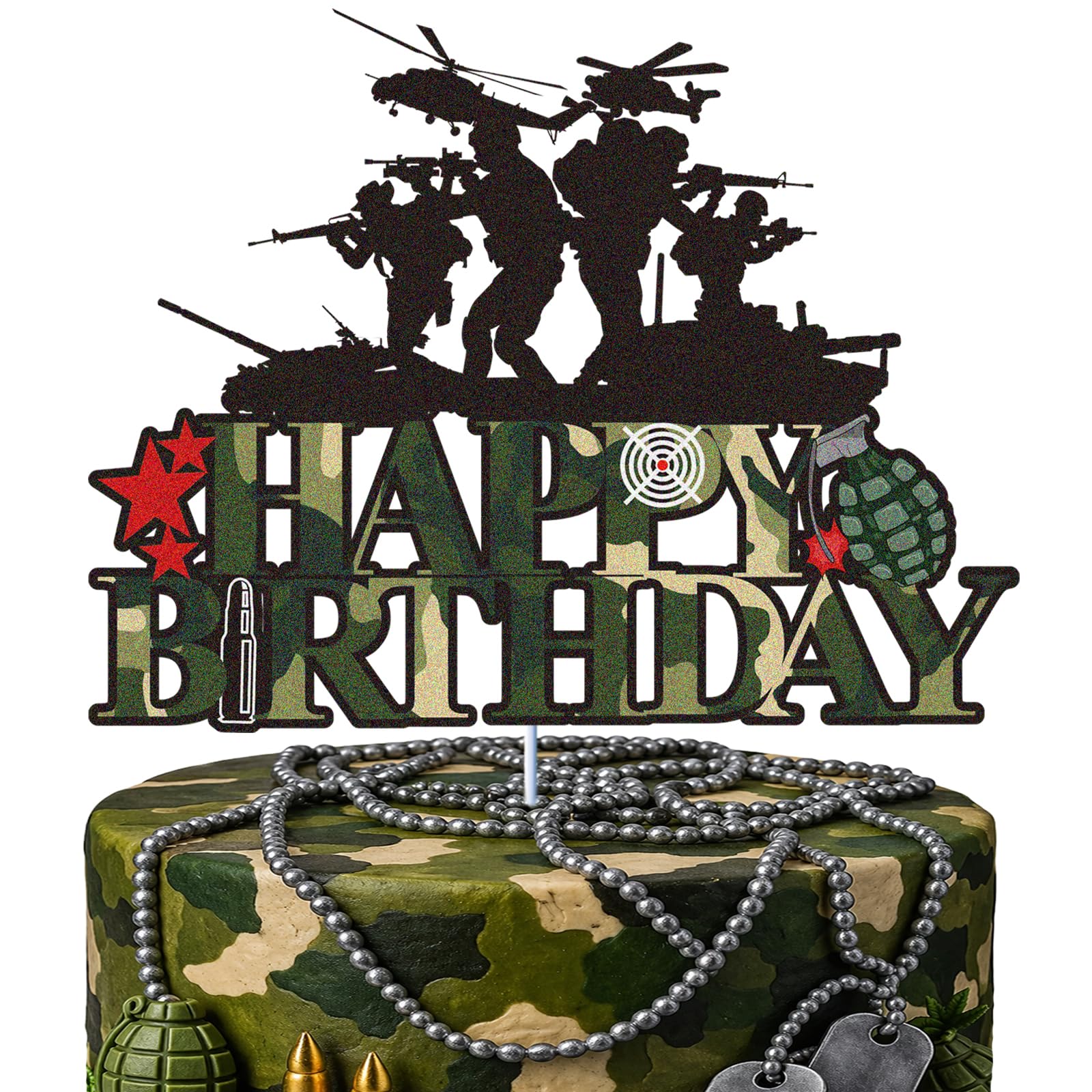 Military Happy Birthday Cake Topper Black Glitter Themed Military Army Soldier Gun Camouflage Birthday Party Supplies Cake Decorations for Kid Boy Men