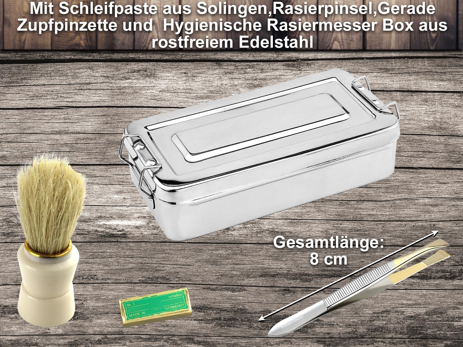 Rasiermesser Set 7 Teilig Komplett Rasier Set mit Paste aus Solingen | Klassisches Rasur-Set inkl. Rasier box, Rasierpinsel, Lederriemen, Bartschere Zupfpinzette - Ein schönes Männergeschenk