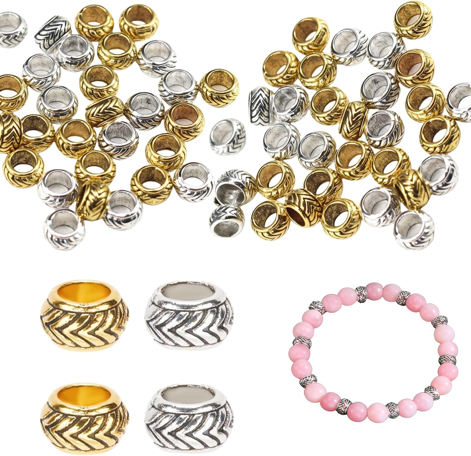 100Pcs Bead Spacers Large Hole for Jewelry Making Tibetan Metal Rondelle Beads with Big Holes Cord Beads for Leather Crafts DIY Bracelets Necklaces and Handmade Projects