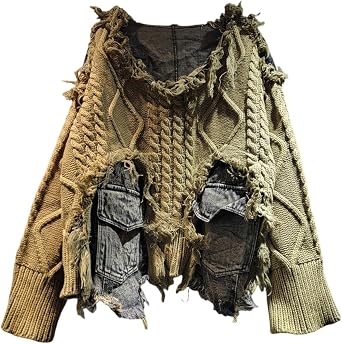 Womens Patchwork Denim Knit Pullover Sweaters Oversized Loose Ripped Punk Long Sleeve Sweater Tops