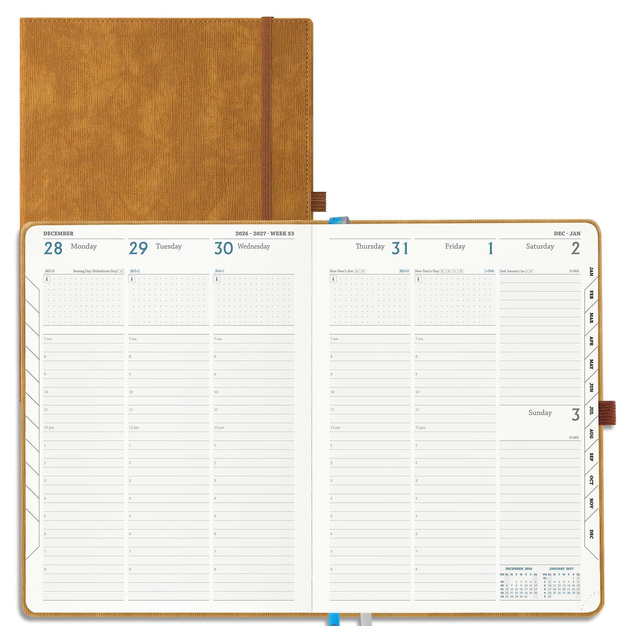 IN-LUXPRO Academic Diary 2026-2027 Week to View A4 Large(29x21.5 cm) 18 Months (Jul'26 - Dec'27) Mid Year Diary 26/27 Vertical Weekly Planner with Timeslots& Month Tabs, PU Leather Caramel