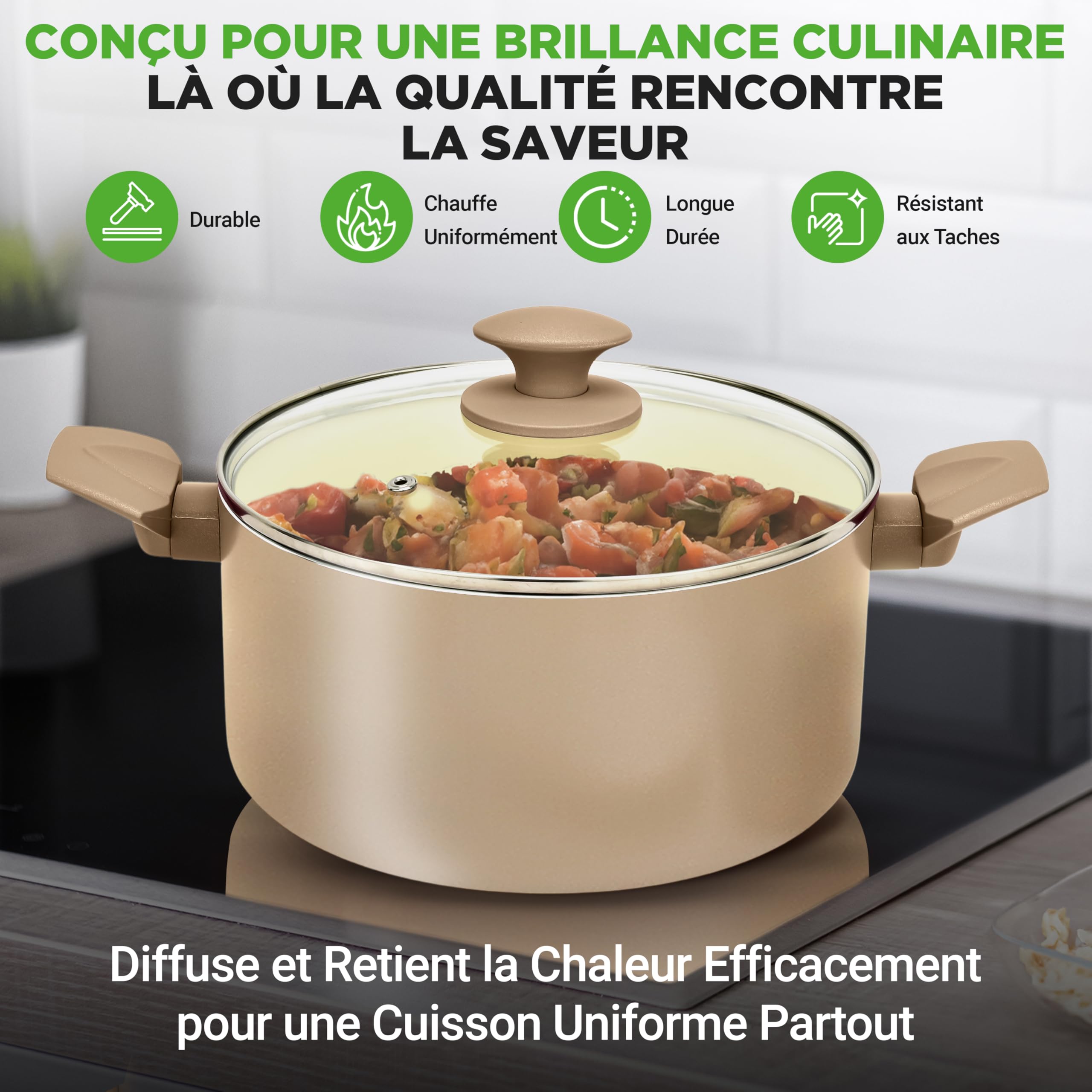 NutriChef Batterie de Cuisine 75 Pièces – Casseroles Antiadhésives, Ustensiles, Couteaux & Accessoires – Anti-Taches, Sécurité Alimentaire – Crème/Marron