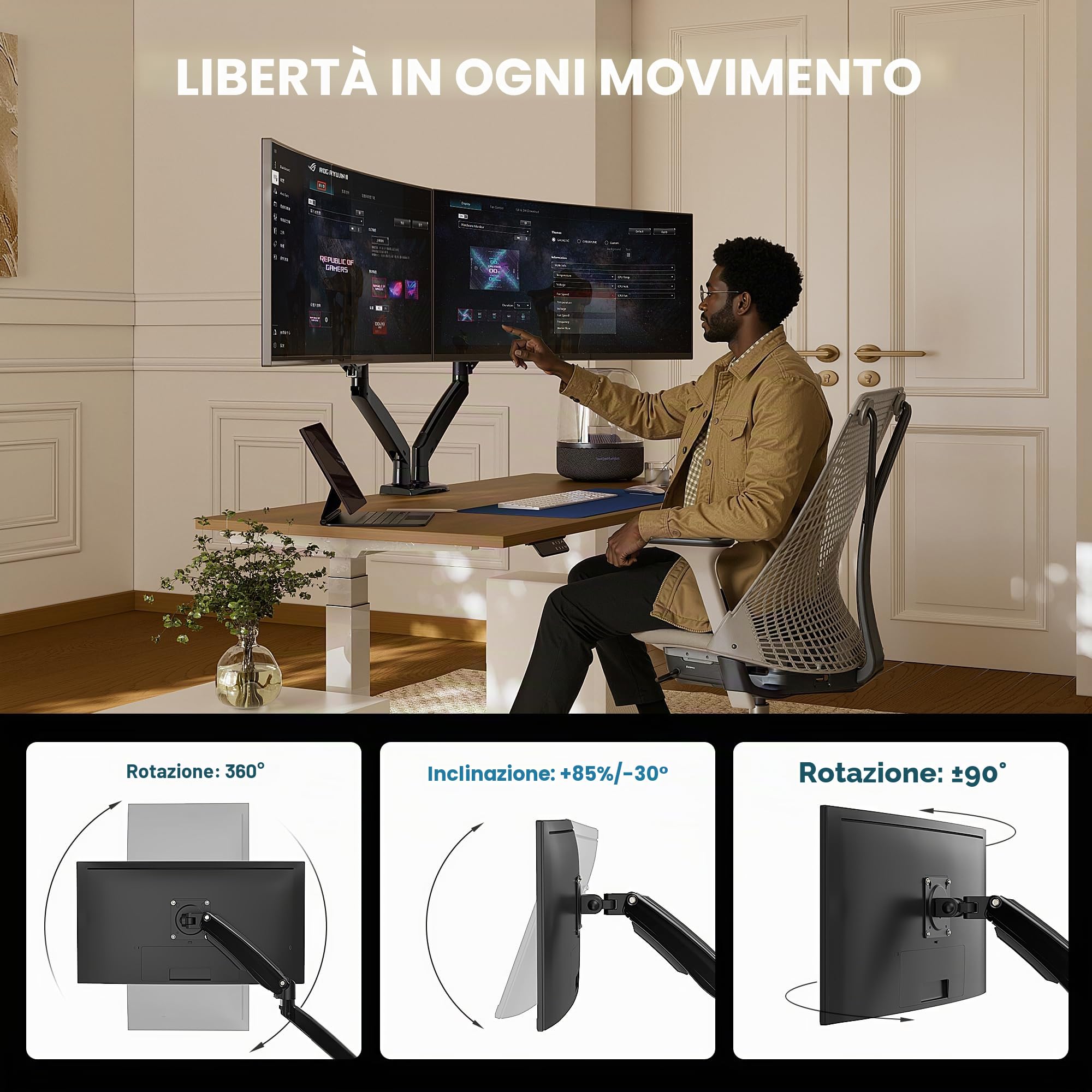 HUANUO Supporto Doppio Monitor 13-40 pollici, Braccio Doppio Monitor USB, Suppor to Regolabile in Altezza Supporto VESA Base a Morsetto a C/Gommino, Braccio Porta 12kg, HNDS7