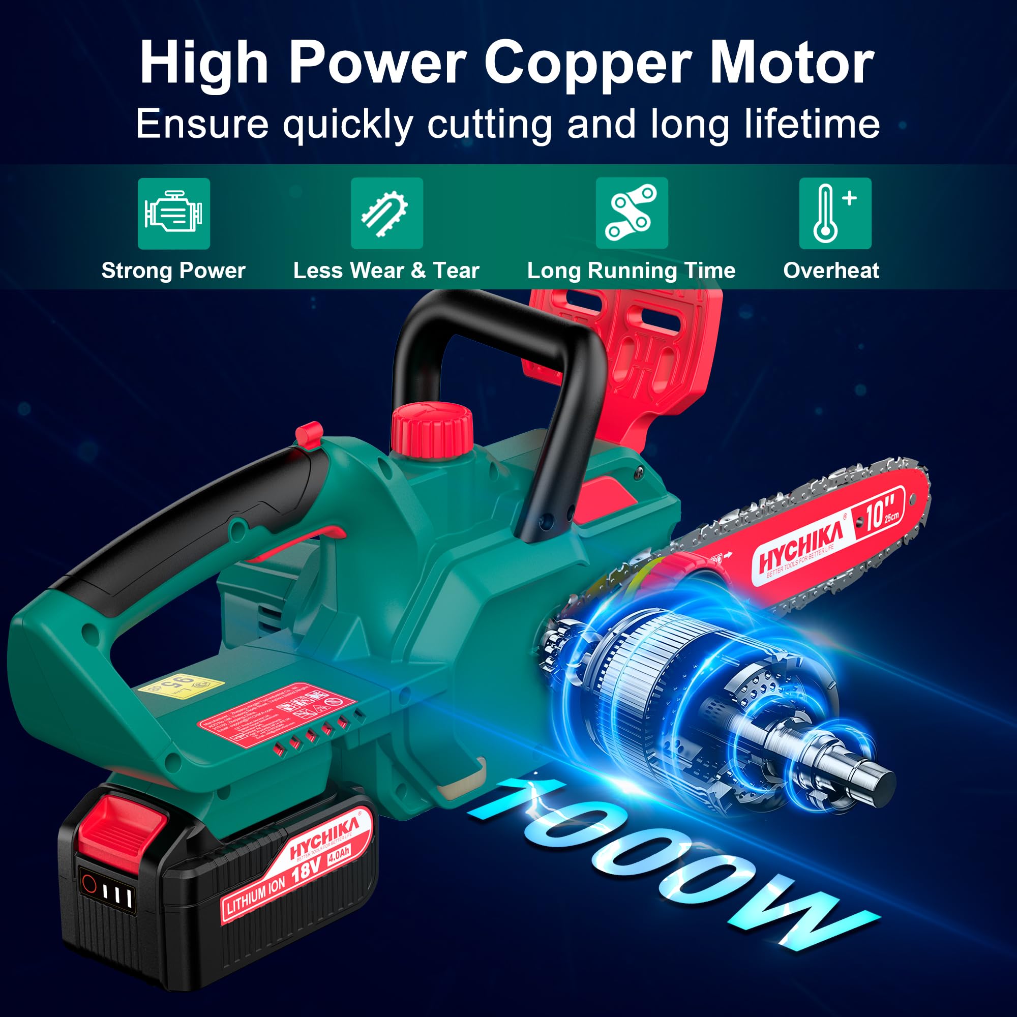 HYCHIKA - Motosierra eléctrica con cadena 3/8 de 10 pulgadas, motosierras inalámbricas de 18 V con batería de 4000 mAh y cargador, sierras eléctricas para cortar madera y árboles, sierra de árbol de