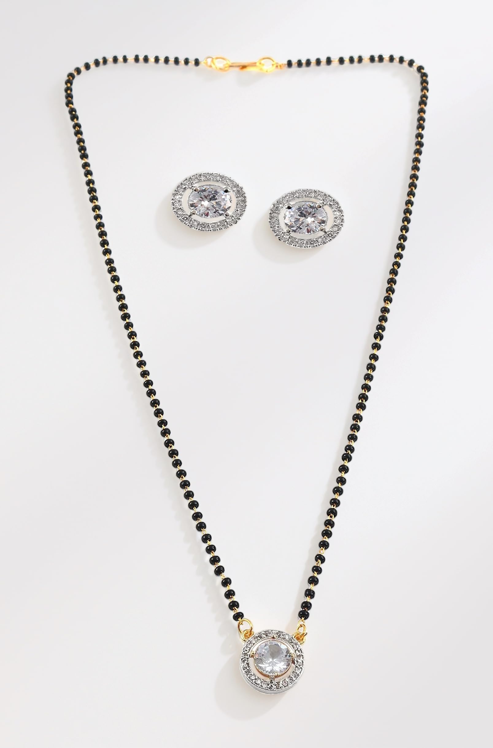 Jewar Mandi Mangalsutra Black Crystal Beads Chain Wedding Bridal Ad Cz Color Stones Two-Tone Silver Gold Plated Pendant Tanmaniyam Jewelry With Earrings For Women