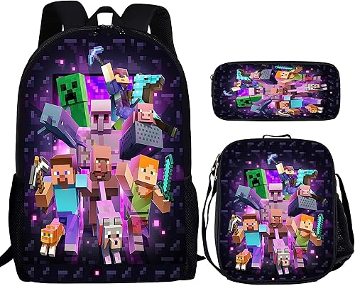 WASHLA Game Backpack, 16 Inch Anime Cartoon Backpack 3D Printed Backpack with Pencil Case Lunch Box 3pcs Purple