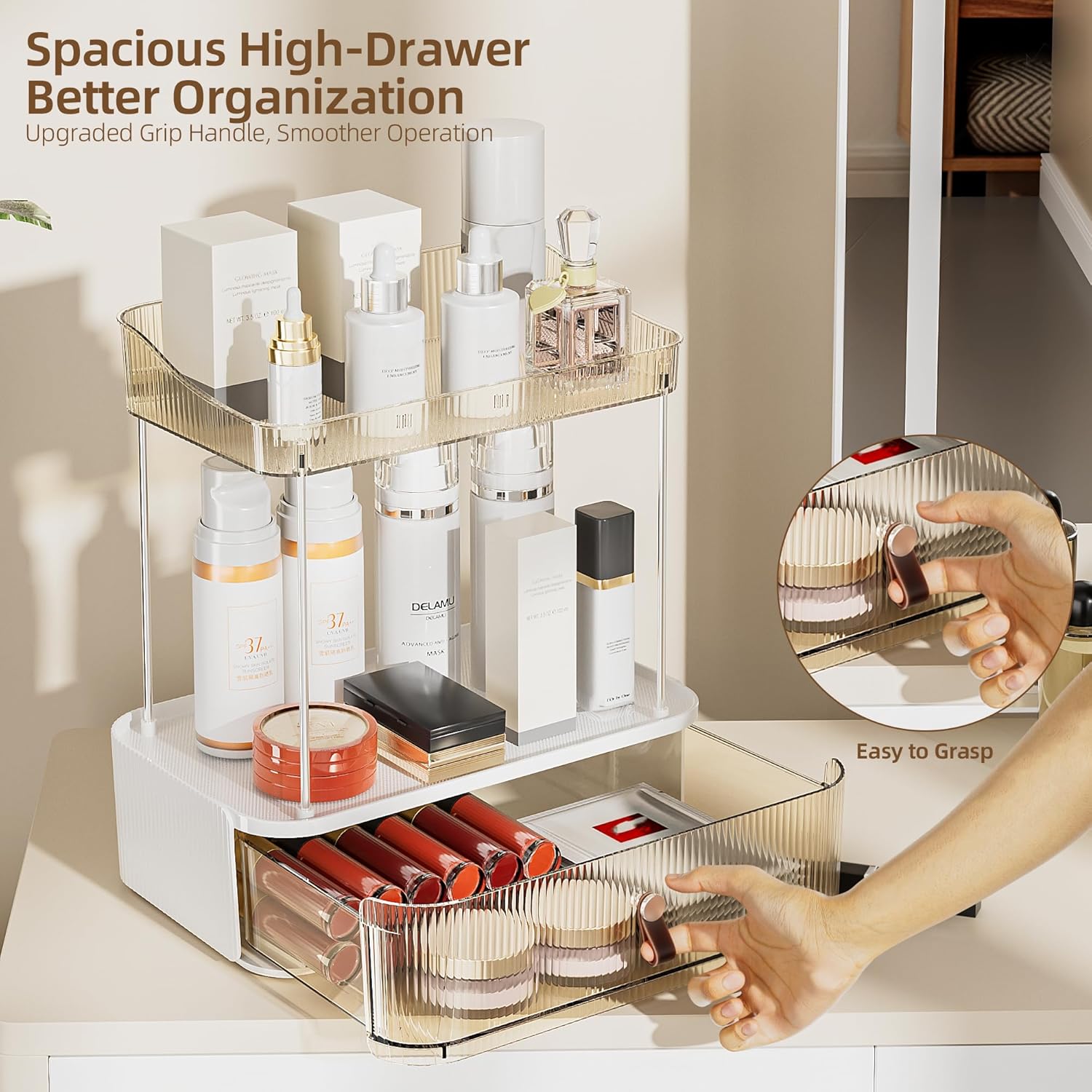 Delamu 2PCS Bathroom Counter Organizer with Drawer, Multi-Purpose 3-Tier Makeup Organizer Countertop for Vanity, Large Cosmetic Display Case Perfume Tray Skincare Organizers, Amber