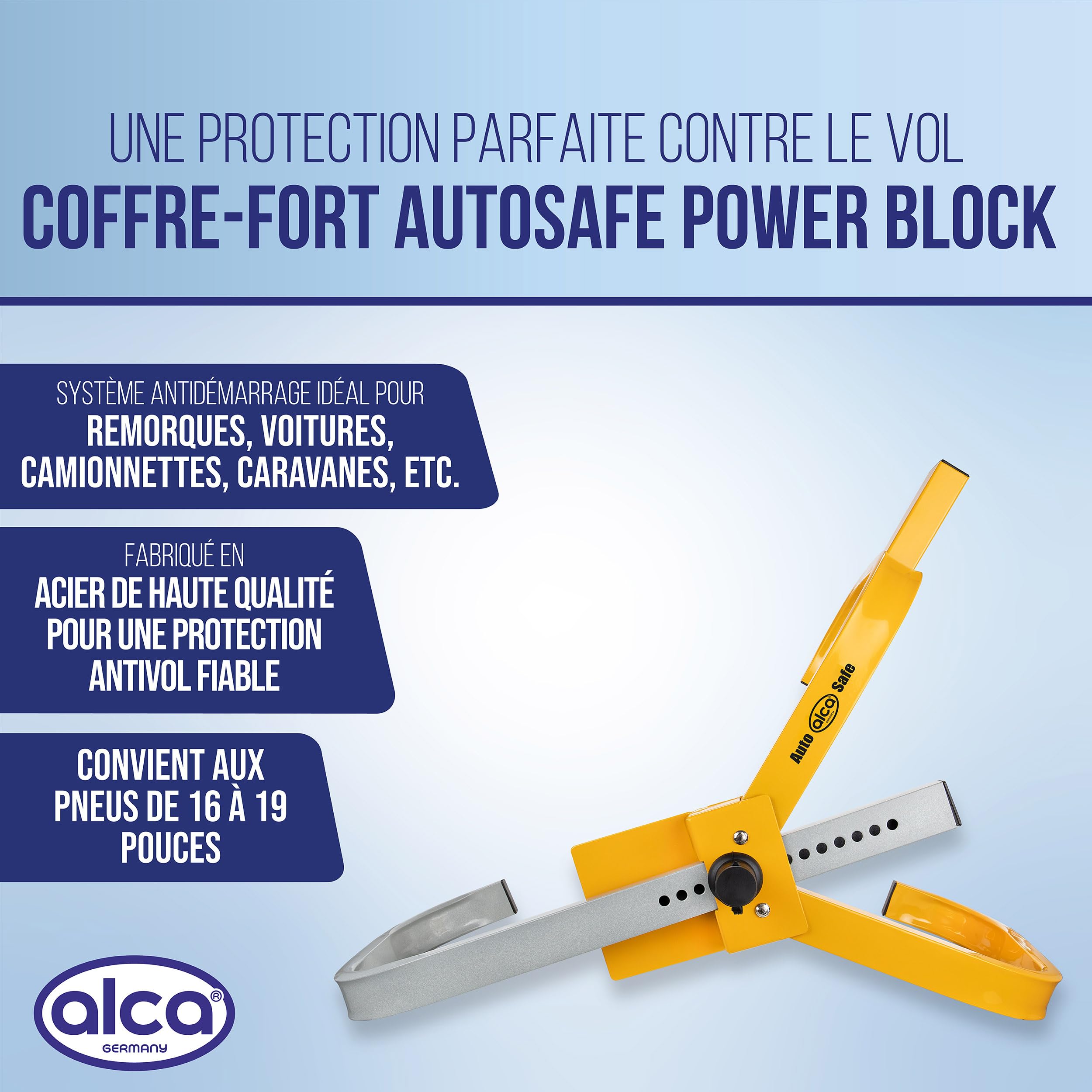 alca® Sabot de roue, largeur maximale du pneu : 245 mm, 16 à 19 pouces, niveau de sécurité 4