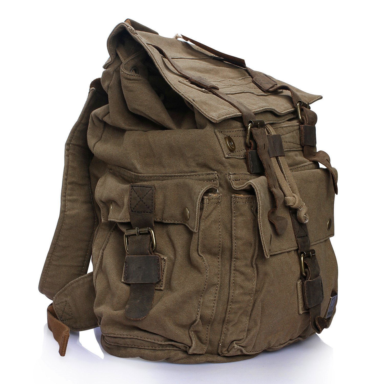 DRF Zaino in Tela Alta Qualita' Pelle Vintage da Uomo Donna per Viaggio Scuola SKU:BG-09 (Verde)