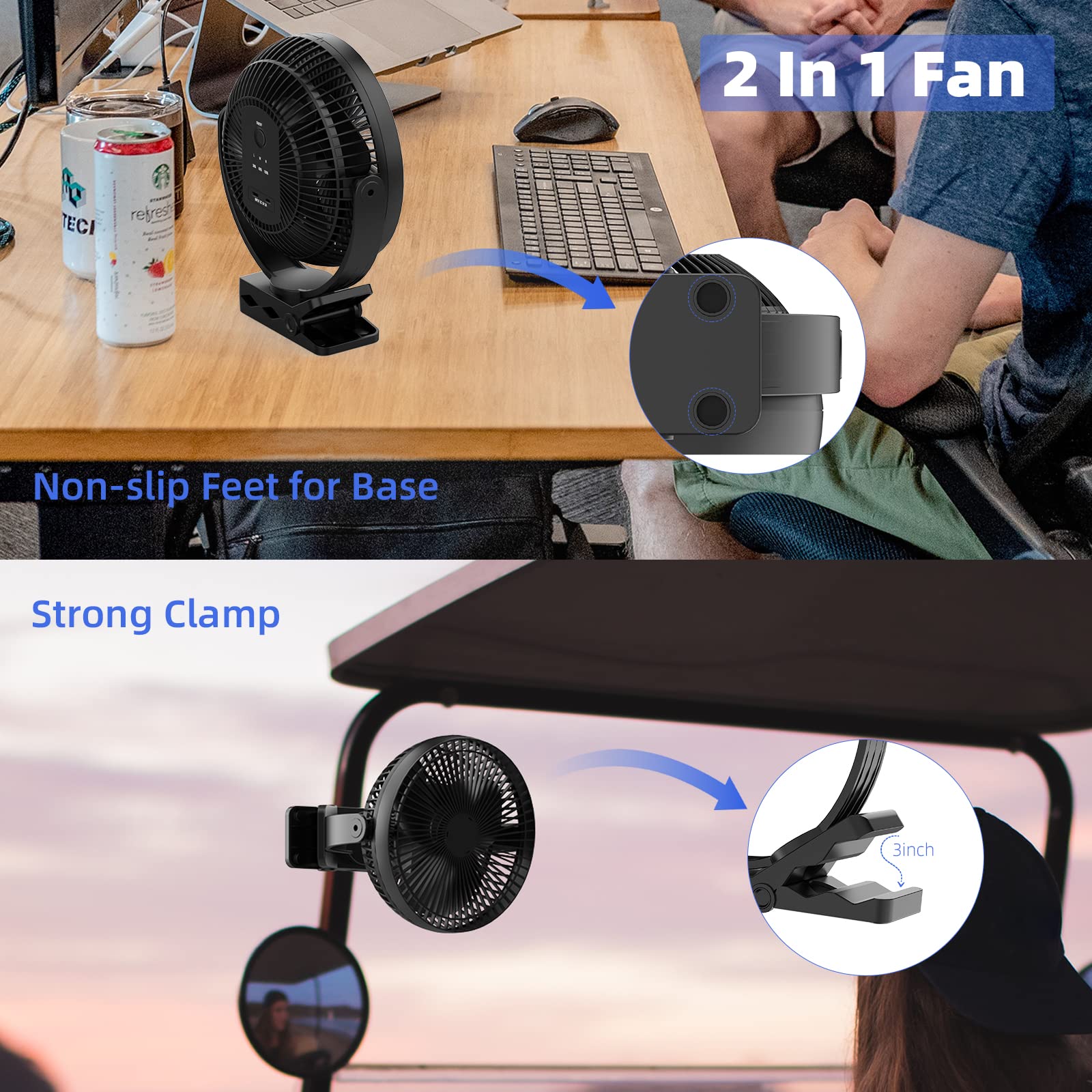 ATEngeus Mini ventilatore USB 8 pollici con batteria 10000 mAh, portatile piccolo ventilatore da ufficio, 4 velocità, doppia rotazione a 360°, con cavo USB, adatto per famiglie, uffici