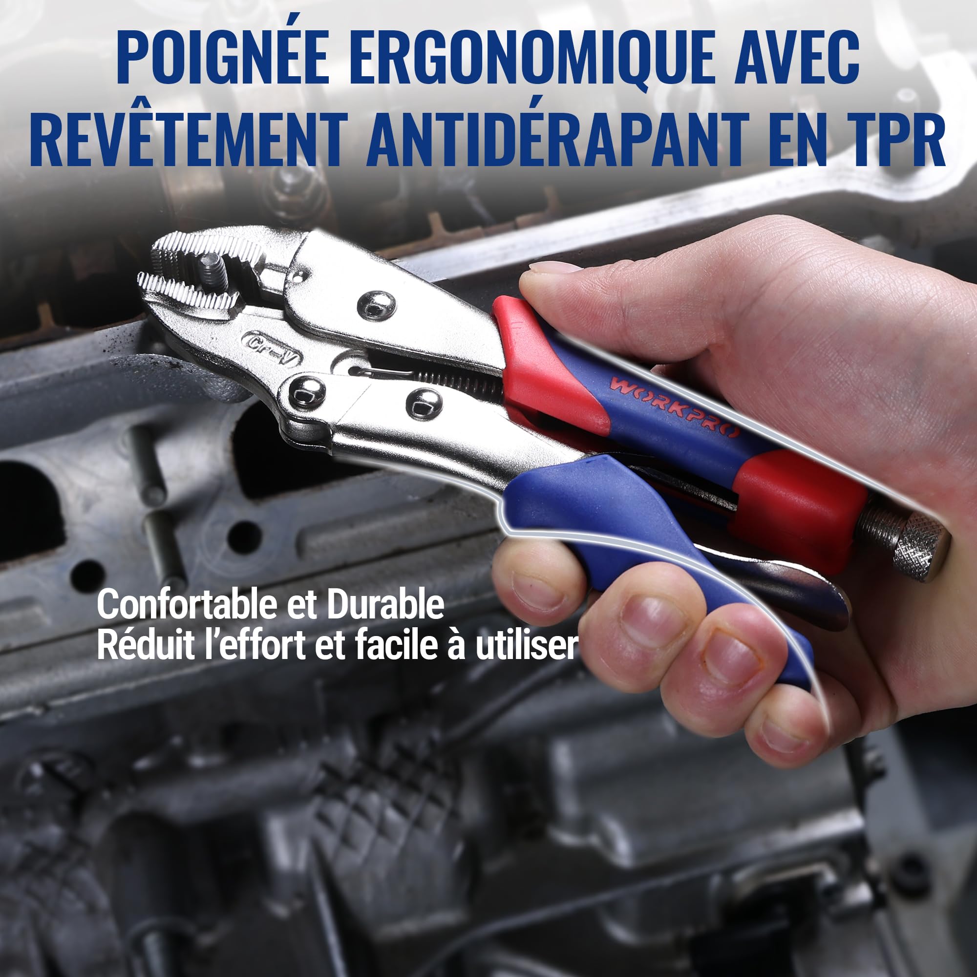 WORKPRO Jeu de 3 Pinces-Étaux Autobloquantes, Pince-Étau à Bec Long 165 mm et Pinces-Étaux à Mâchoires Courbes 180 mm et 255 mm, Cr-V, Déverrouillage Rapide, Poignées Bi-matière Antidérapantes