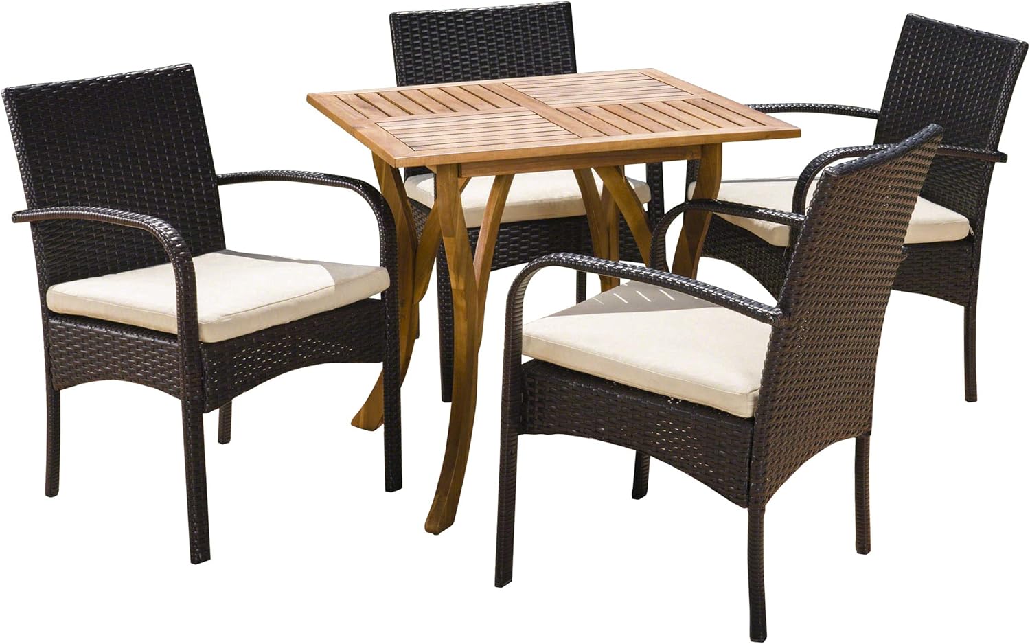Christopher Knight Home Derek Outdoor 5 Piece Acacia Wood/Wicker Dining Set with Cushions, Teak Finish and Multibrown with Crème