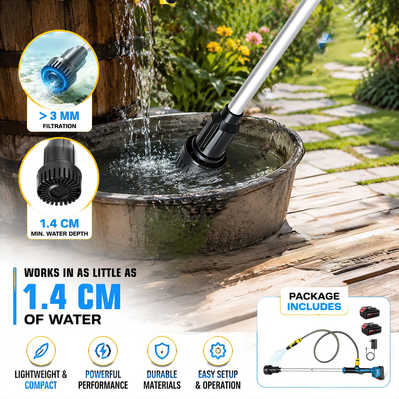 Akku-Tauchdruck/Regenfasspumpe für Makita 18V Akku, max. 3000 L/h Kabellose Stabwasserpumpe, 6m Förderhöhe, kabellose Hauswasserpumpe für Regentonnen Zisternen Garten Bewässerung (0 Batterie)