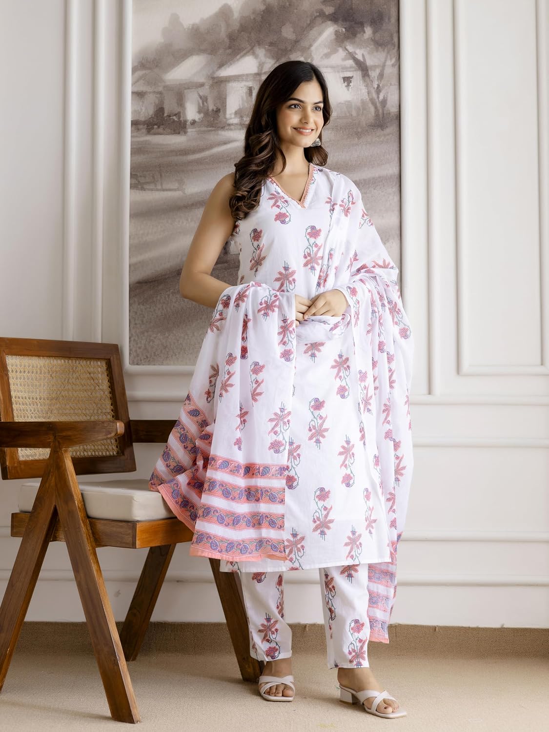 TRENDMALLS Women’s Pure Cotton Floral Block Print Kurta Pant with Dupatta Set