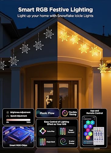 Miniatura 5 de Brightown - Luces colgantes inteligentes de copo de nieve, 12 pies, 96 ledes, 8 gotas, sincroniza con música, control desde la app, impermeable, más
