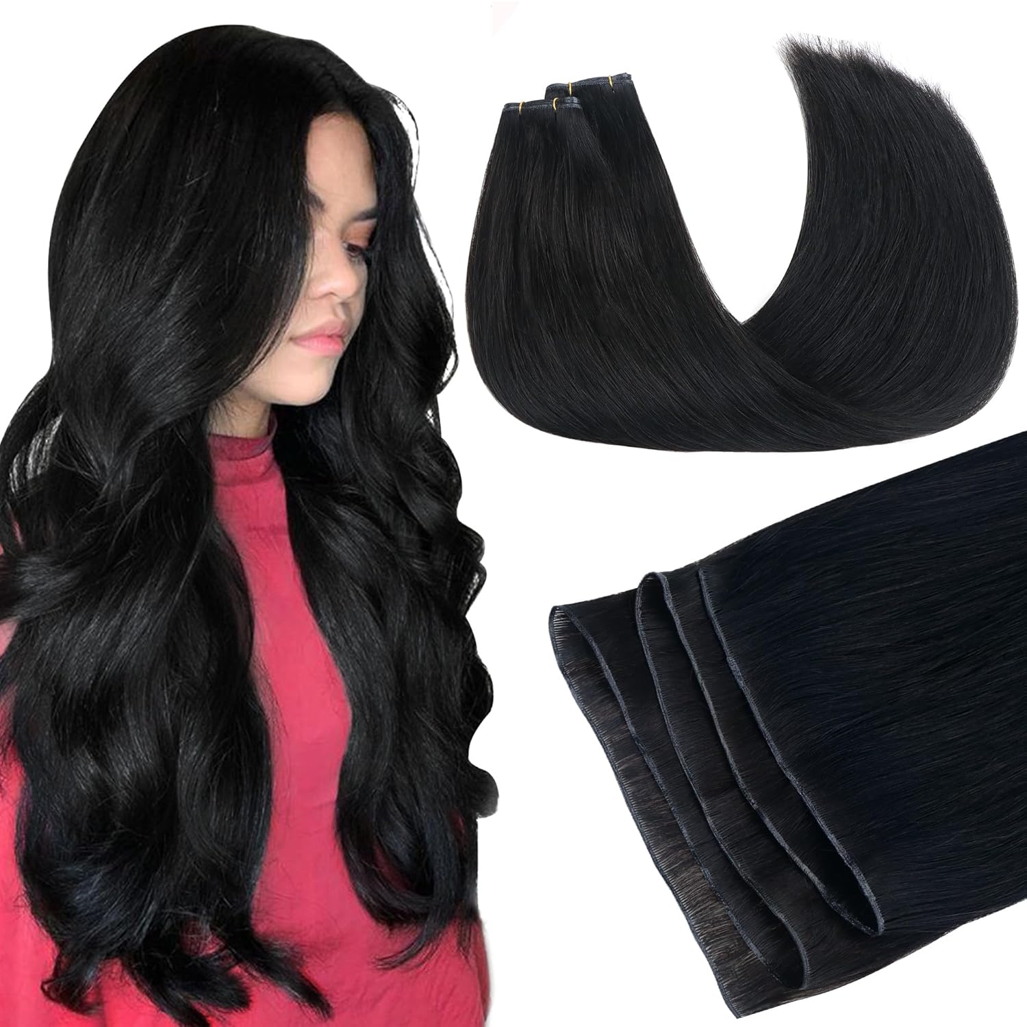 GOO GOO Genius Weft Hair Extensions Human Hair, Sew In Hair Extensions Rooted Remy Weft, 1 Jet black 24inch 120g, Hand Tied Weft Hair Extensions