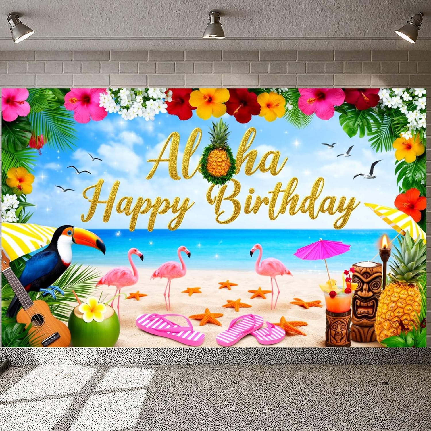 Aloha Happy Birthday Backdrop Banner, Tropical Luau Party Decorations for Kids Adults, Hawaiian Beach Summer Flamingo Photo Booth Props Yard Outdoor Indoor Decor 70.8x43.3 inch