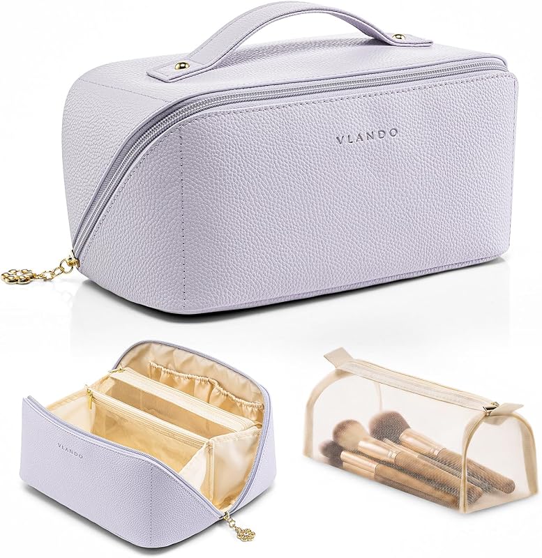 Necessaire de maquiagem VLANDO com alça, compartimentos e zíper, 08-Purple