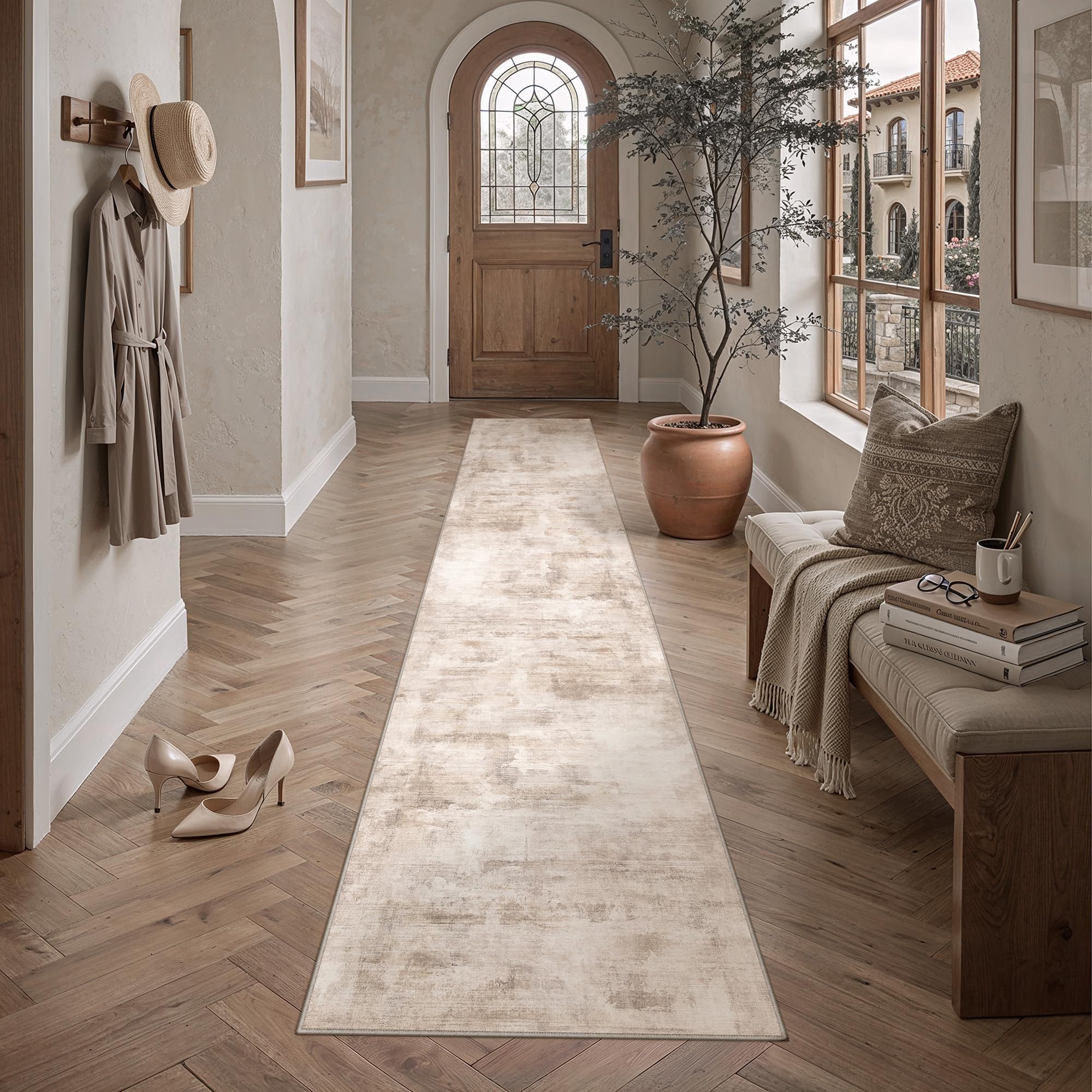 PureCozy Hallway Runner Rug 80x300cm Beige Brown Washable Runners — image 1