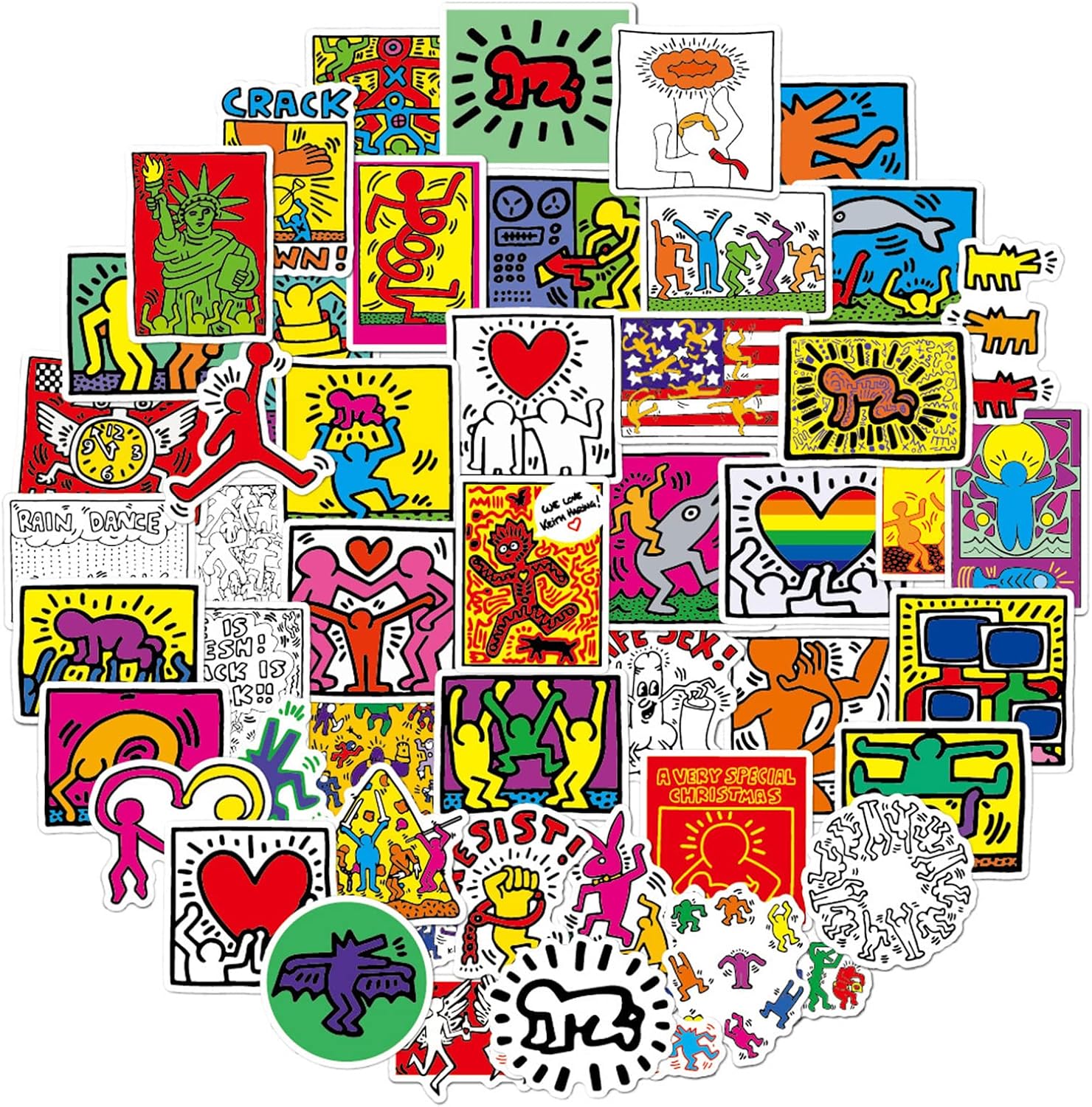 50Pcs Keith Haring Graffiti Art Stickers,Suitable for Water Bottle Cup Laptop Guitar Car Motorcycle Bike Skateboard Luggage Box, etc