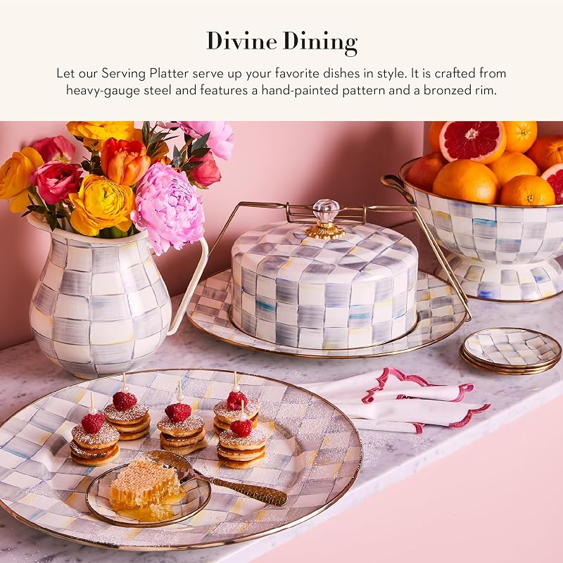 MACKENZIE-CHILDS Fuente esmaltada para servir, cuadros de ley en gris y blanco | Diseño pintado a mano, plato decorativo para servir comida, 16" de diámetro.