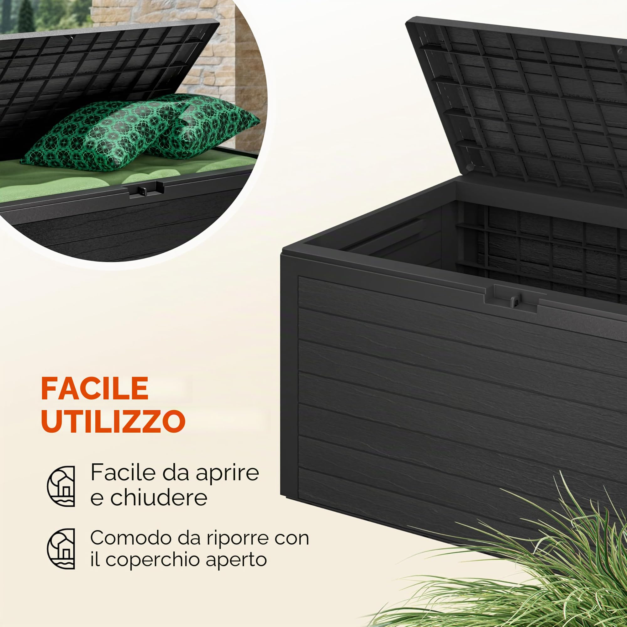 Casaria® Baule da Giardino XXL 280 L Cassapanca Richiudibile 2 Maniglie 116x43x55cm Box Esterno Contenitore Effetto Legno
