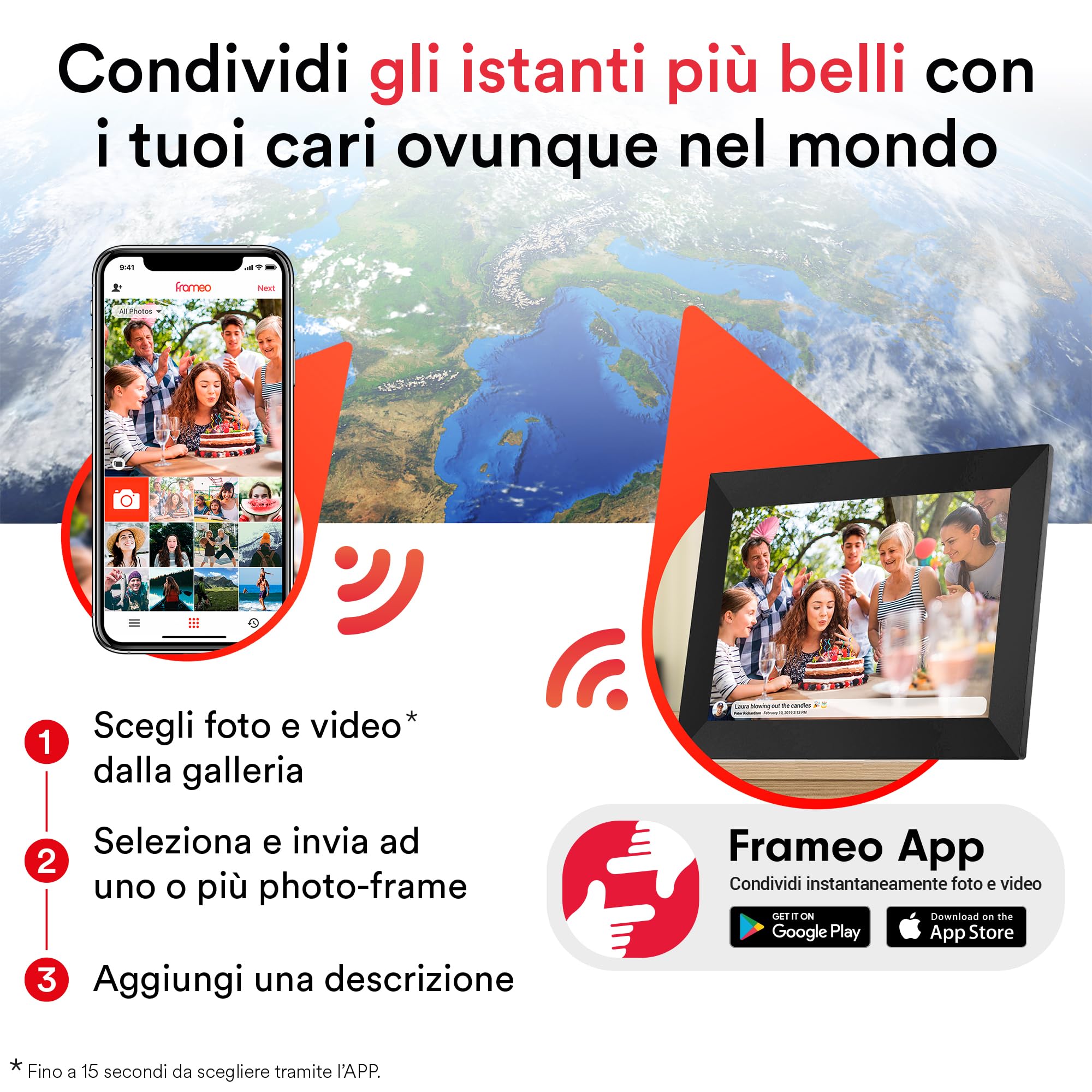 Atlantis Cornice Digitale WiFi 10 Pollici, Touch Screen, condividi foto e video via APP, portafoto digitale, rotazione automatica, orologio e meteo, Memoria 1GB RAM + 16GB per foto, Slot Micro SD.