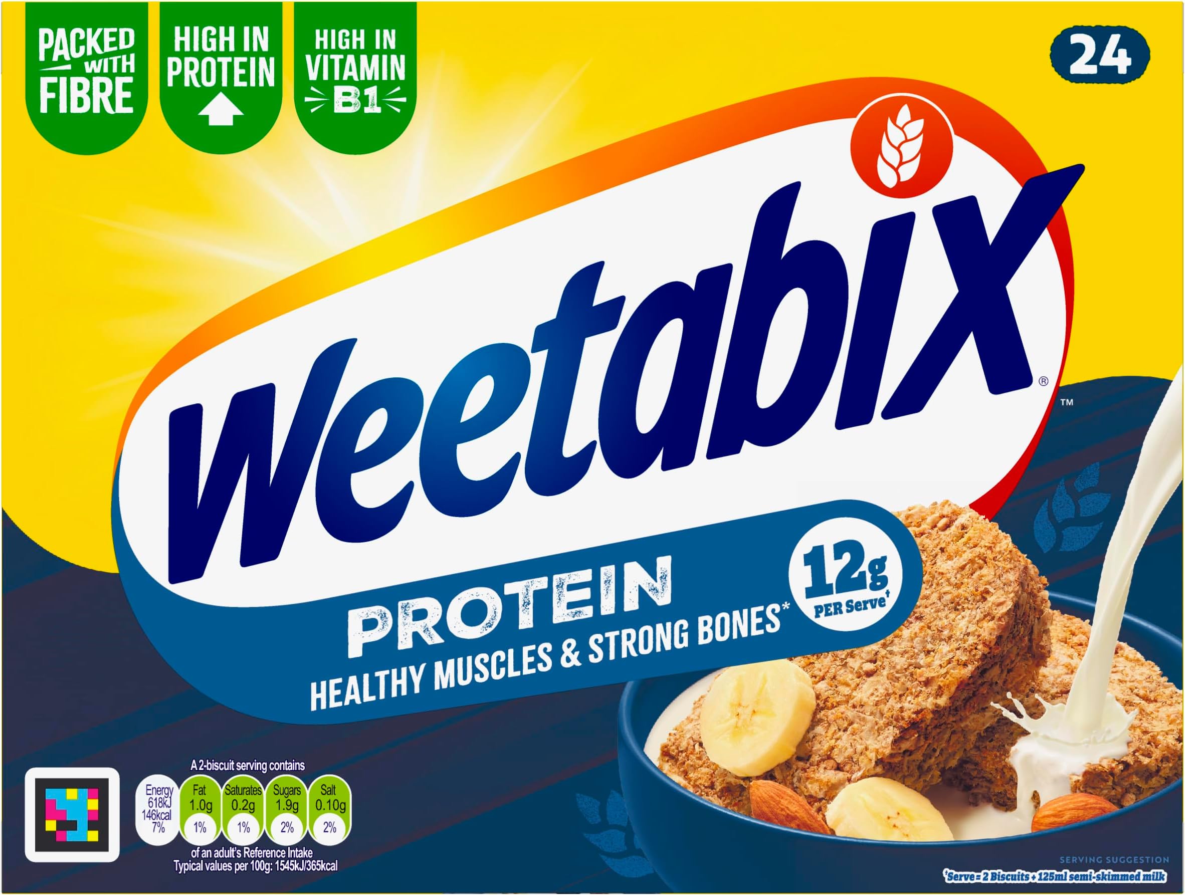 Weetabix Protein 24 Biscuits – High Protein Wholegrain Breakfast – Plant-Based Goodness – Low Sugar & High Fibre – 12g Protein per Serving – Source of Iron & Vitamin B1 – UK’s No.1 Cereal
