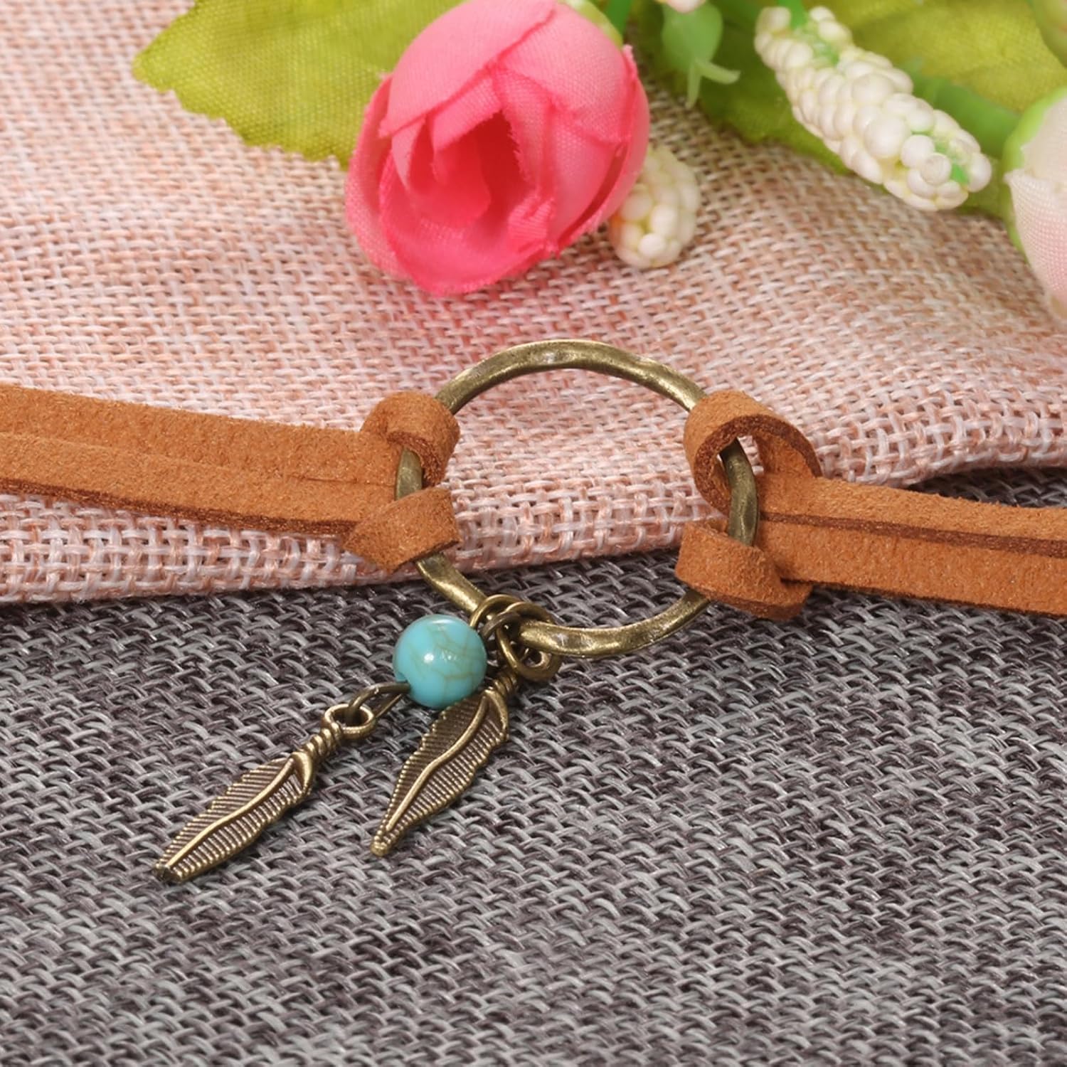 Boho Feather Turquoise Leather Choker Necklace for Women Bohemian Handmade Leaf Layered Black Brown Suede Cowgirl Cowboy Necklace for Western Style Country Party Trendy Jewelry Gifts (Light brown) - Image 4