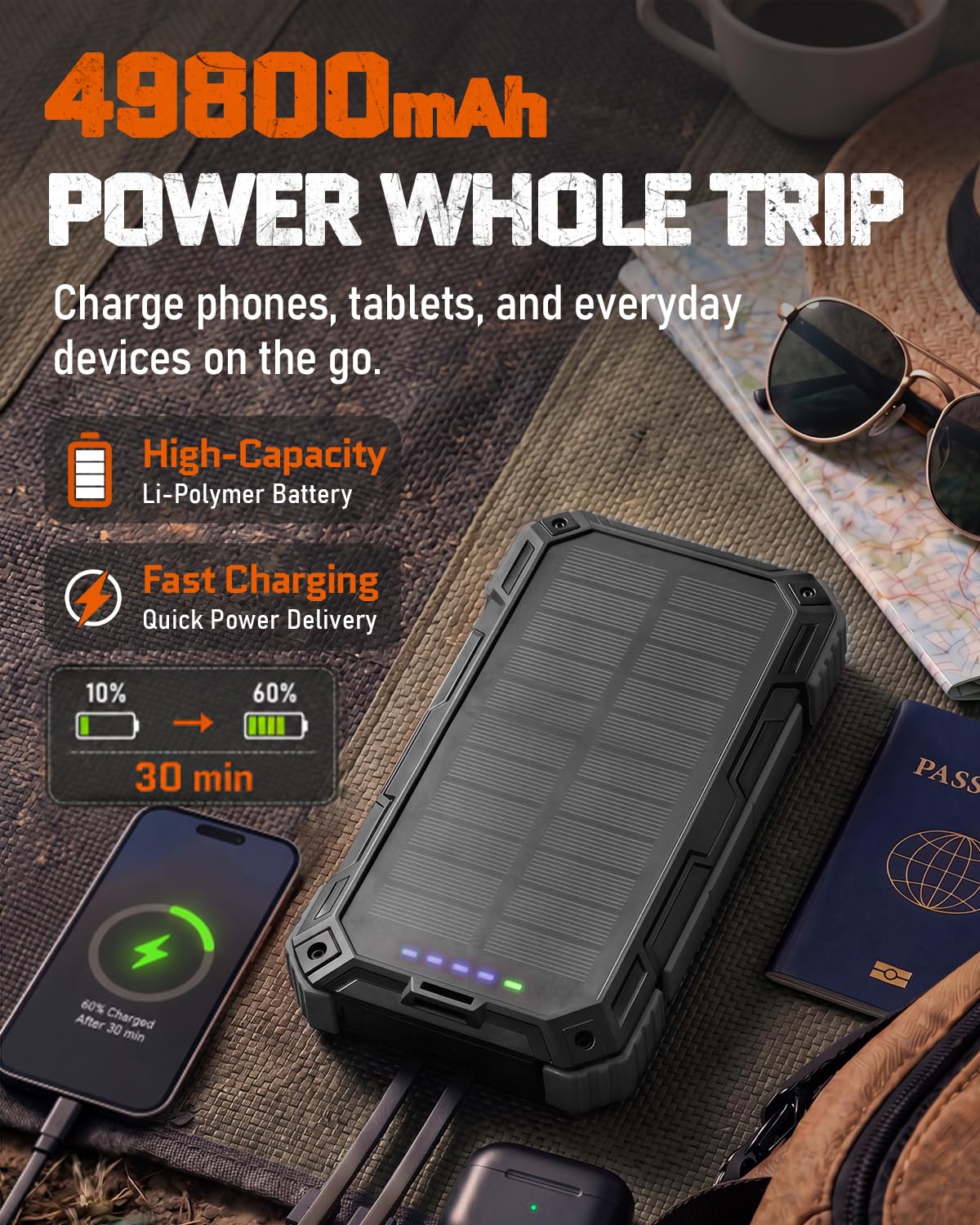 Cargador solar de 49800 mAh, cargador solar para teléfono con entrada y salida USB-C, carga rápida QC 3.0 con linterna LED, 4 cables integrados, IP65 impermeable para exteriores (negro)