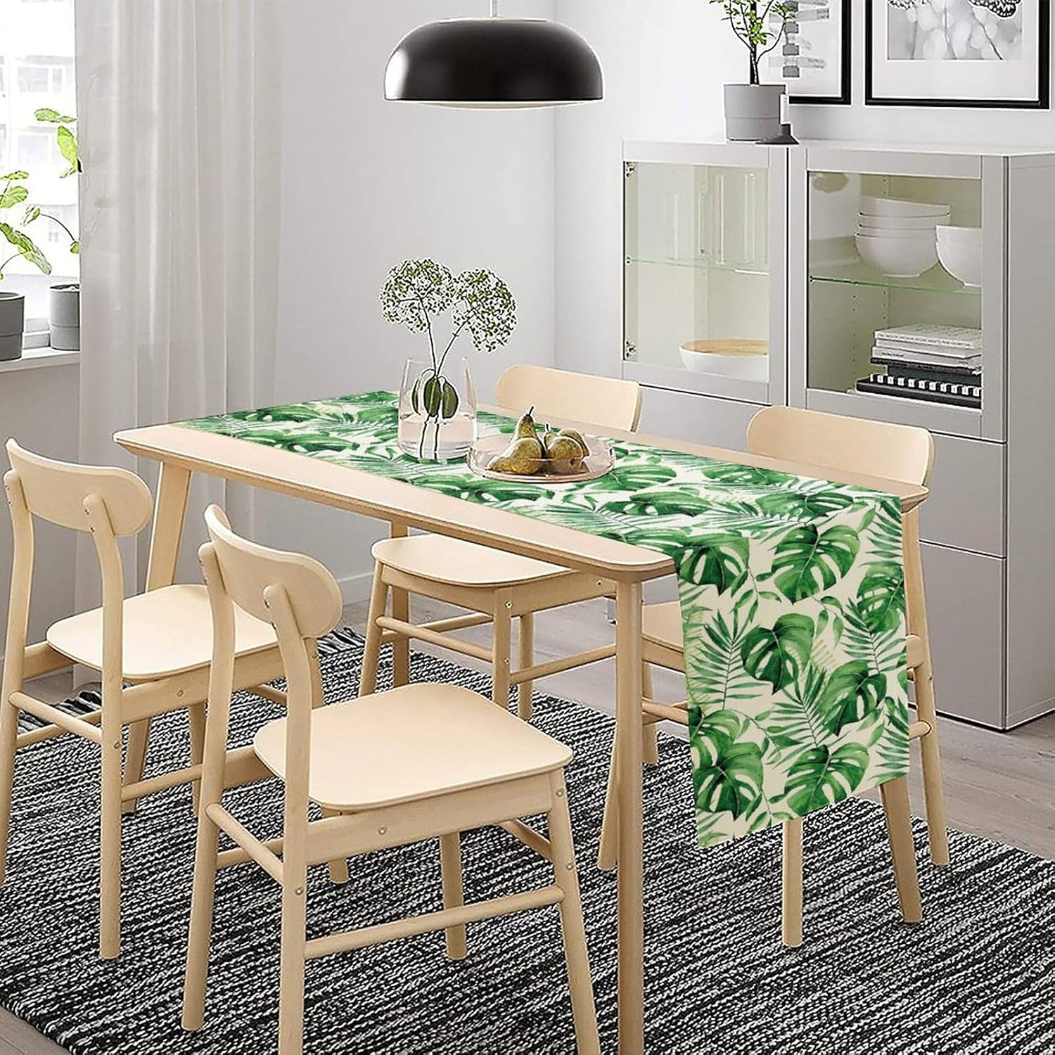 Leaf Decor Table Runner,Tropical Green Palm Leaf Jungle Plant Print Table Runner for Kitchen Dining Room Party Table Decor13x120in