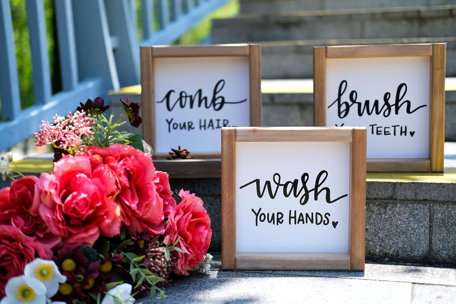 penepico Funny Bathroom Signs Wall Art Decor 8"*8", Farmhouse Bathroom Wall Decor with 9 Interchangeable Sayings, Rustic Accessories for Restroom Shelf，3 Wood Frames(black-white bigger(8"*8"))