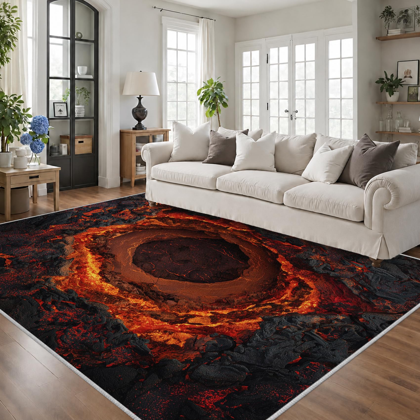 Tapis de Salon 90x150 Illusion d'optique 3D Tapis Chambre Lave Volcan