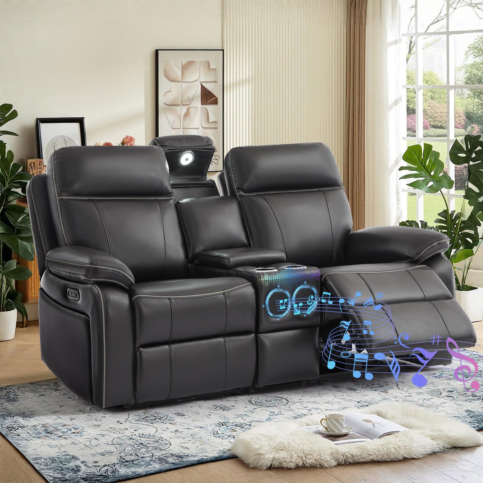 Neptane Power Reclining Loveseat, Power Loveseat Recliner Sofa with LED Reading Light/Storage Drawer/Bluetooth Speakers, Wall Hugger Reclining