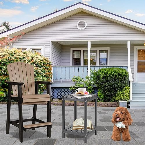 Miniatura 267 de LZRS Mesa auxiliar para exteriores, mesa auxiliar ovalada Adirondack doble con almacenamiento de 2 niveles, mesas auxiliares de HDPE para patio