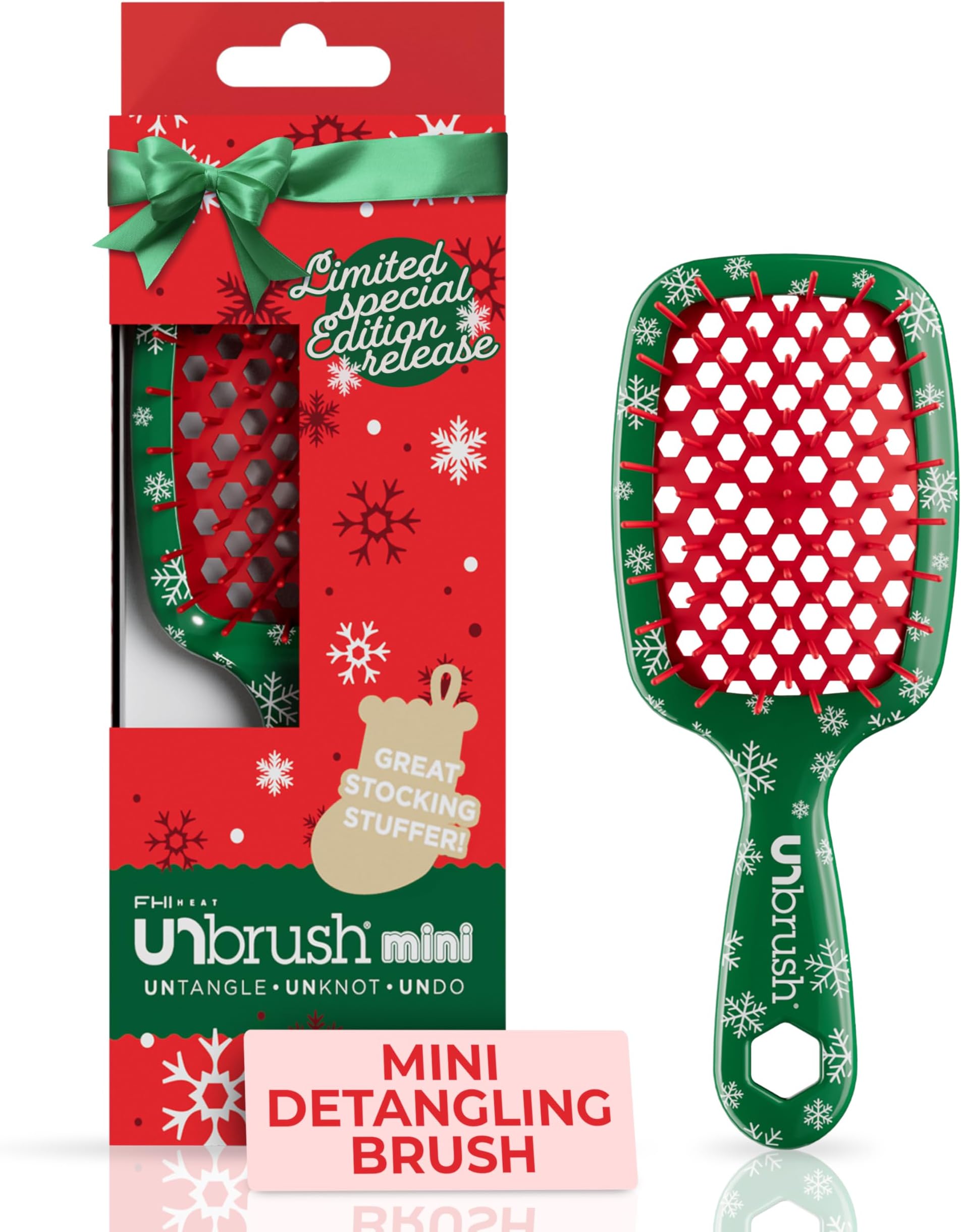 UNbrush Mini Holiday Hair Brush for Pain-Free Brushing On All Wet/Dry Hair Types — Mini UNbrush Detangling Brush with Durable Anti-Static Bristles, Lightweight & Vented — Christmas Hair Care Gifts