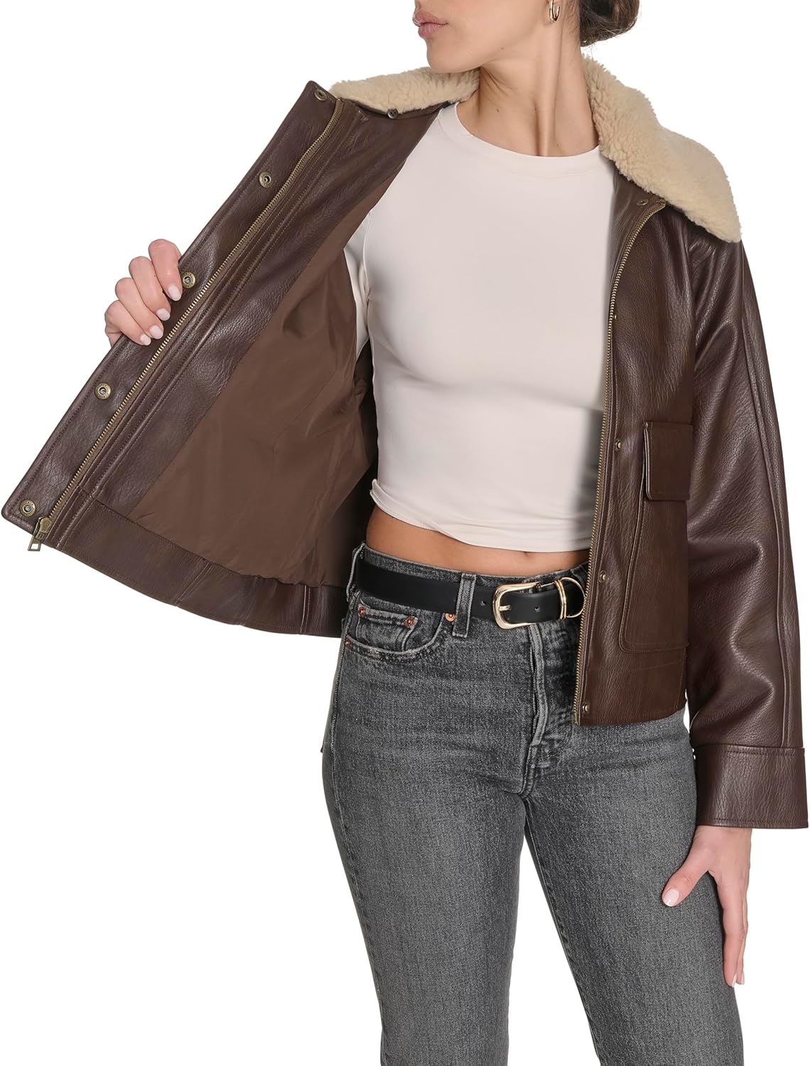 Levi's Women's Relaxed Faux Leather Aviator Jacket With Removable Sherpa Collar - Image 4