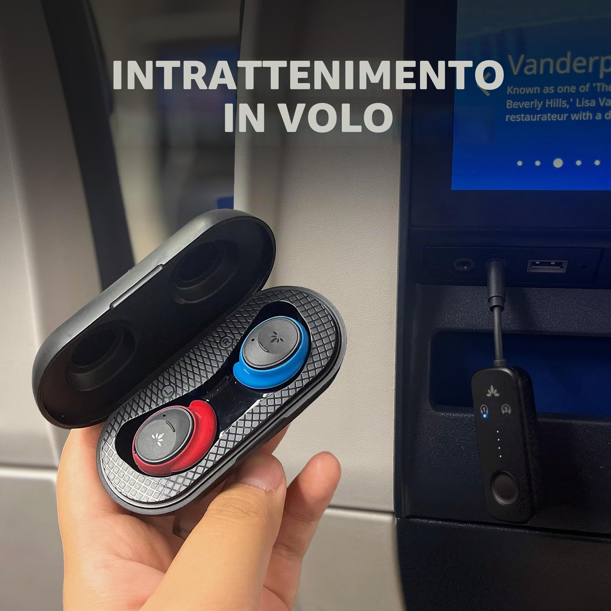 Avantree Sky Ace - Cuffie da Viaggio con Adattatore Set Aereo, Bluetooth 5.3 Qualcomm aptX-Adaptive, Bassa Latenza, Lunga Durata - Cuffie e Trasmettitore Versatili per Viaggio o Uso Giornaliero