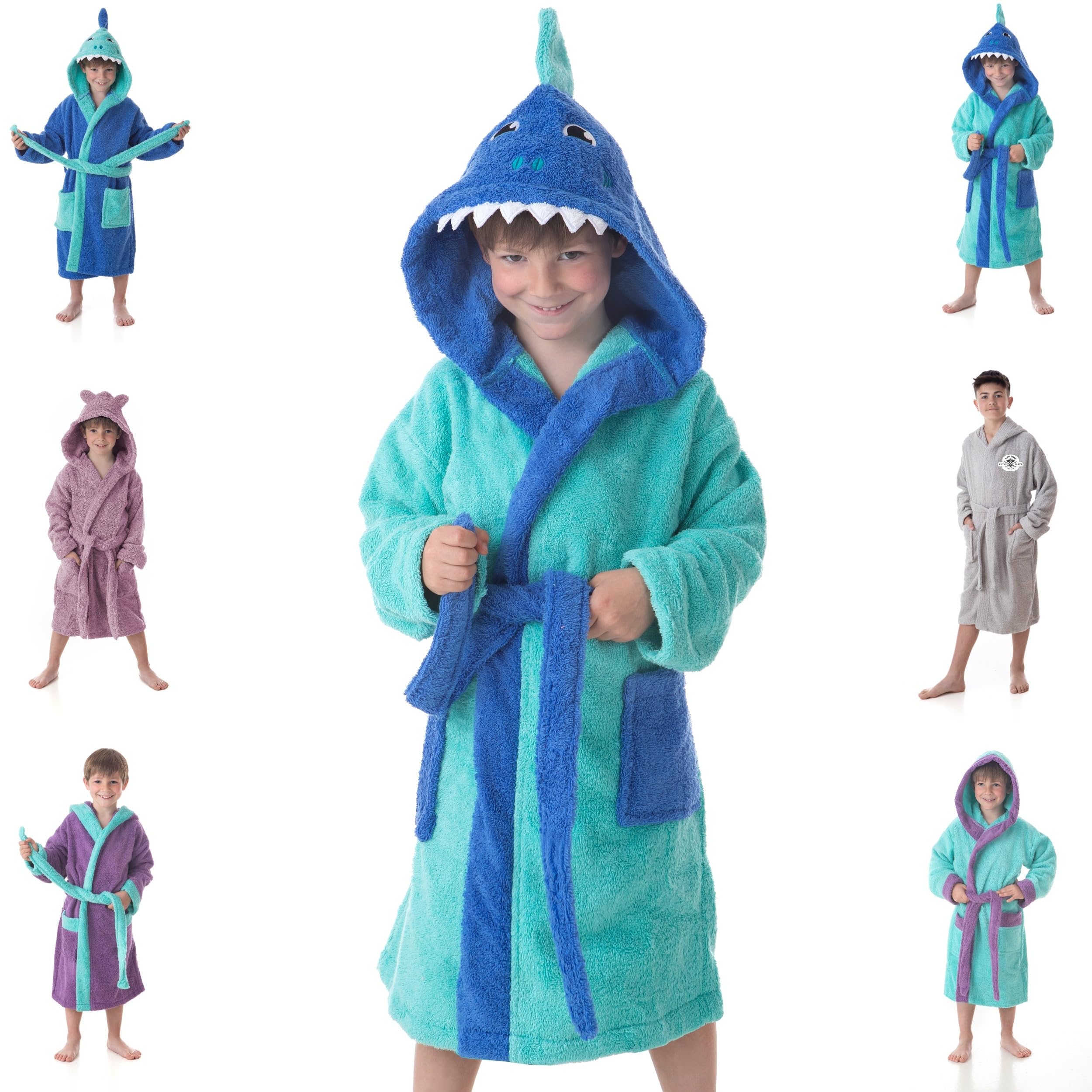 Albornoz Baño Niño Infantil 100% Algodón Bata con Bolsillos, Dibujos y Capucha Sharky (6 a 8 años)